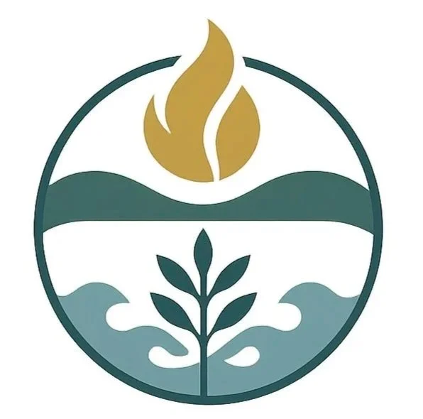 A stylized logo with a flame at the top, hills in the middle, and a leaf growing from water at the bottom, all enclosed in a circle.
