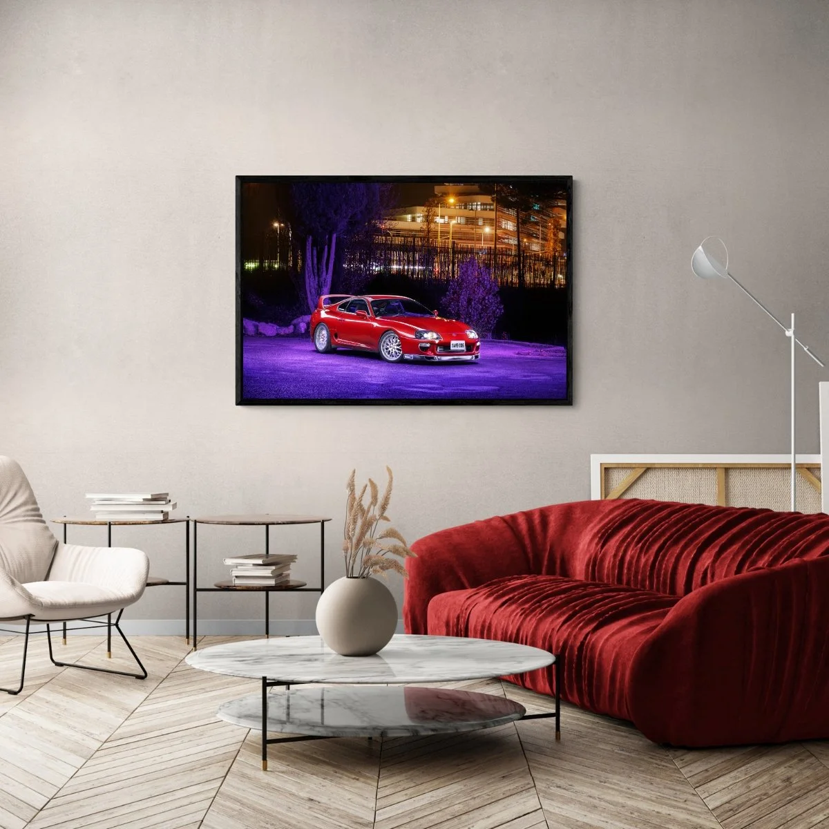 Photographie d’art Toyota Supra MKIV rouge tirage 80x120 cm – Night Car Studio