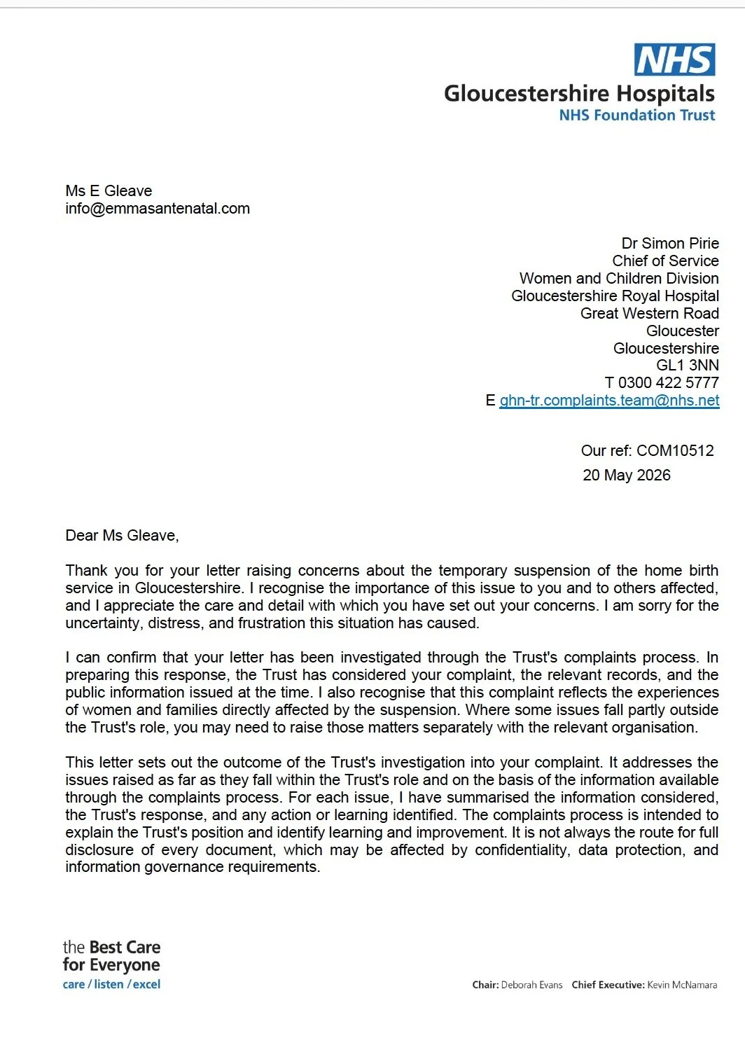 Gloucestershire NHS Trust Complaint Response