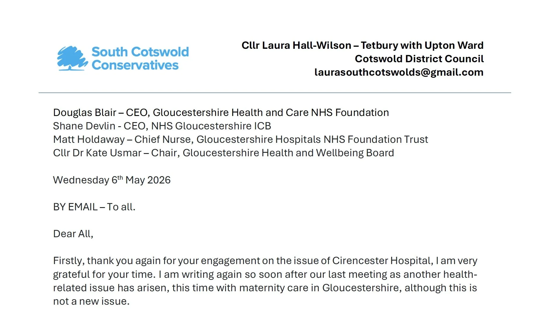 Letter from Cllr Laura Hall-Wilson in support of Maternity Choices