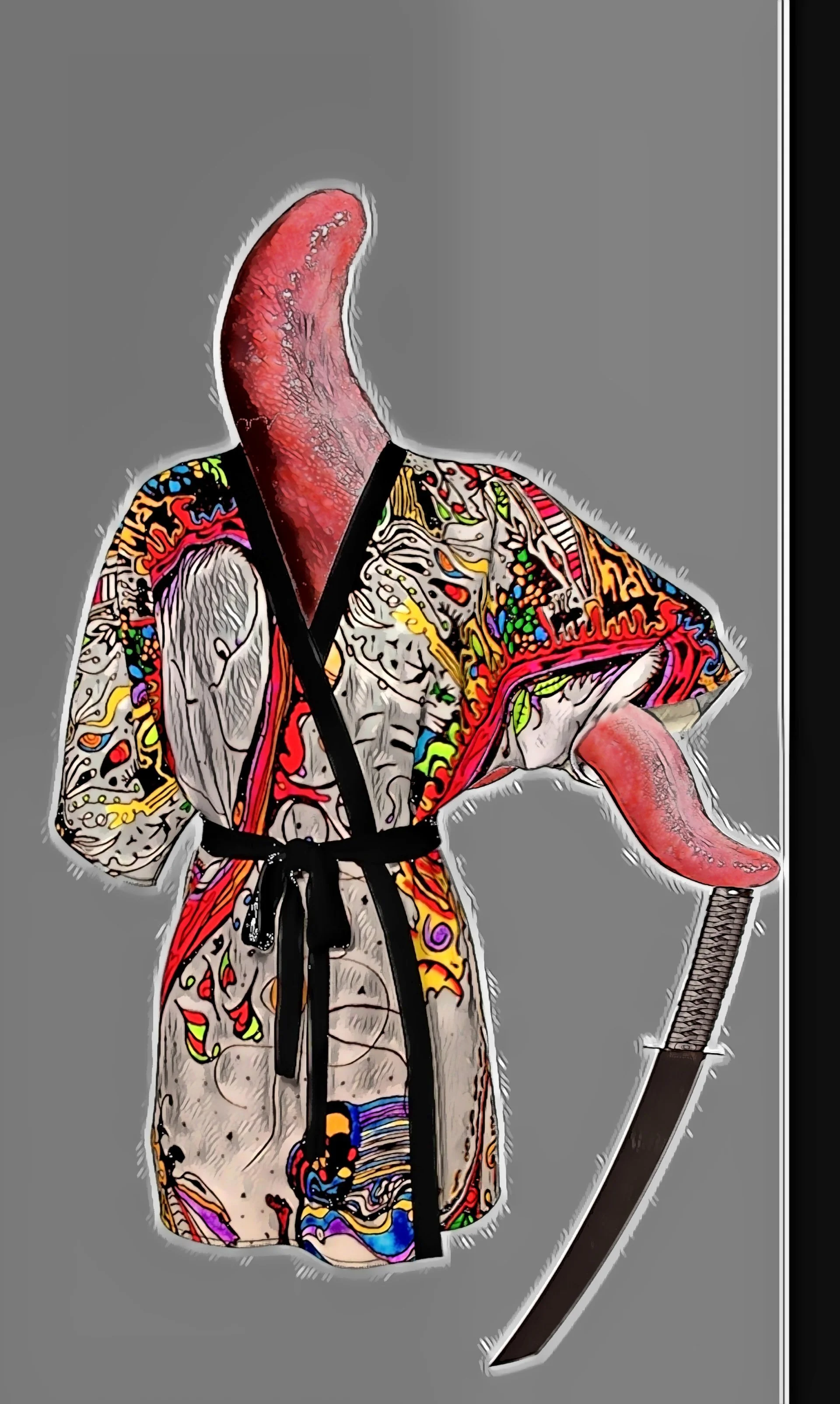 Surreal illustration of headless samurai figure with raw neck and arm stumps, wearing colorful abstract kimono and holding katana sword against gray background, blending contemporary art and dark symbolism.
