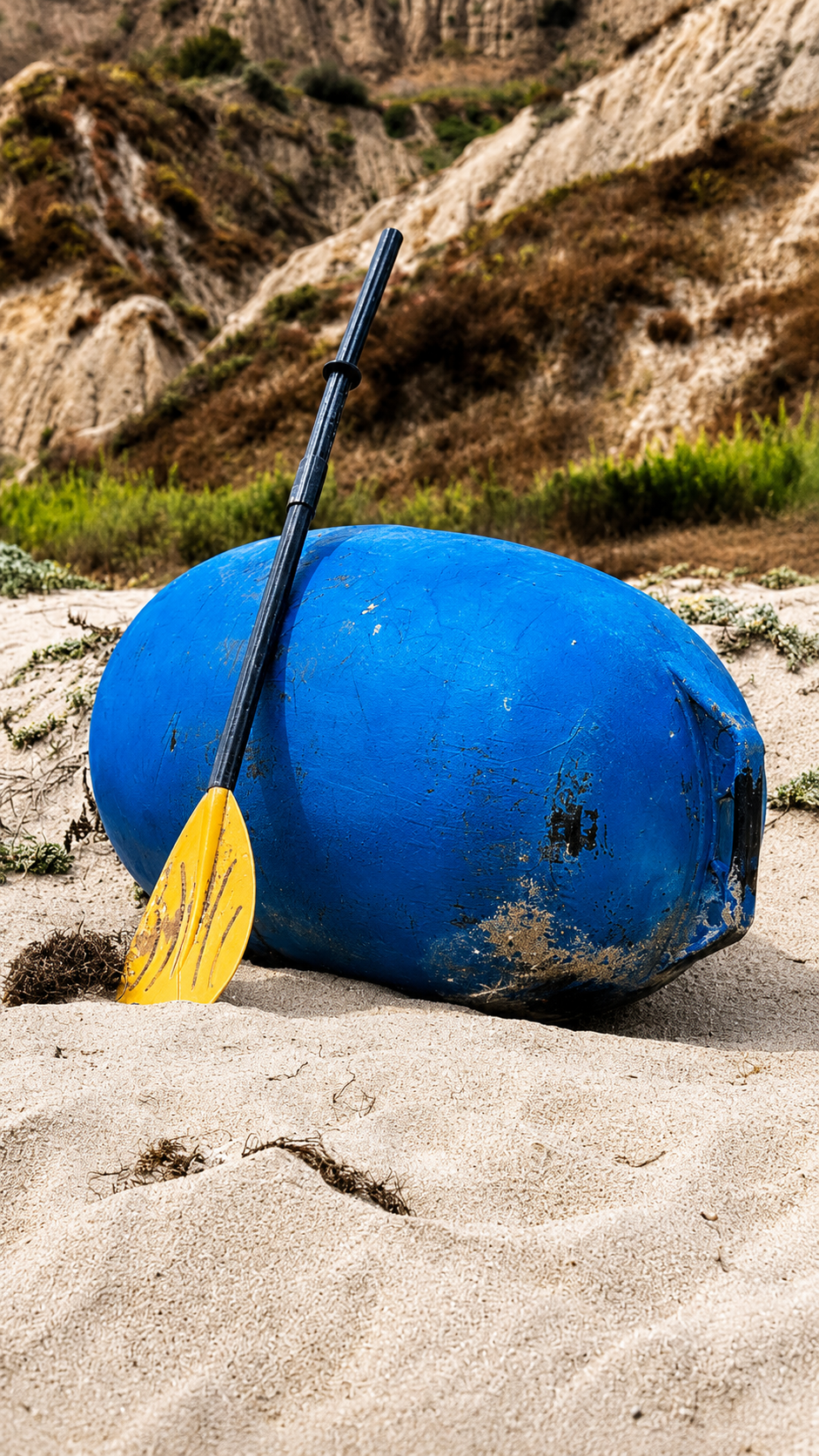 A worn blue kayak float or buoy lies partially buried in beach sand with a yellow paddle leaning against it, backed by coastal cliffs and native vegetation under soft natural light.