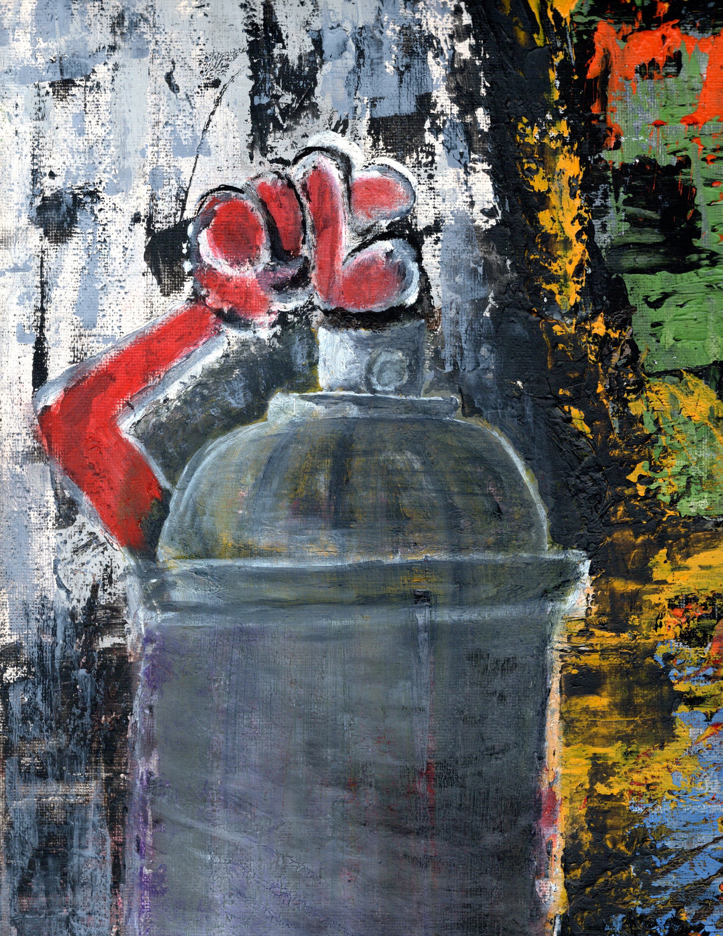 Expressive painting titled “Let’s Create,” featuring a stylized red hand emerging from a gray vessel against a richly textured abstract background.