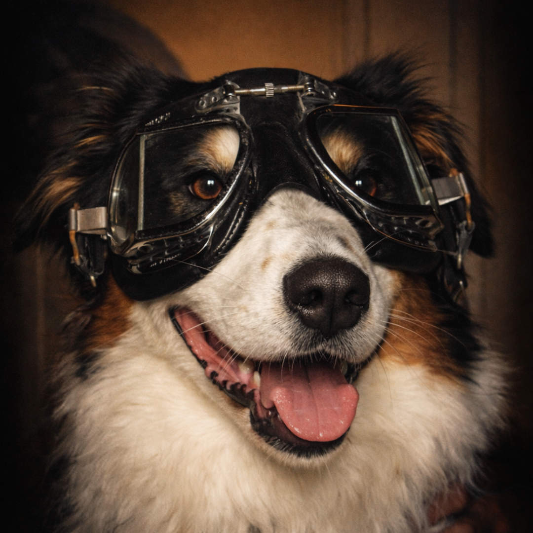 Book cover for Suzie: Adventures showing smiling dog wearing vintage aviator goggles against warm dark background, suggesting playful adventure and reflective literary storytelling about a dog’s life.