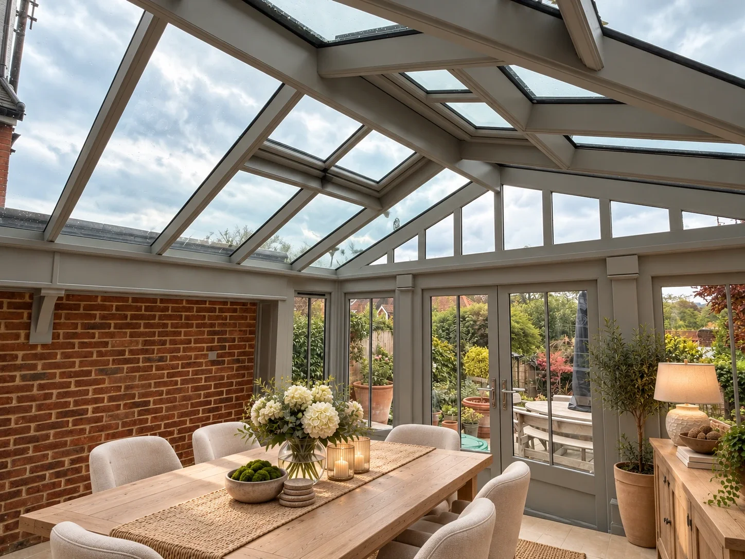 Wide interior view of a Sapele conservatory with vaulted glazing and painted timber structure