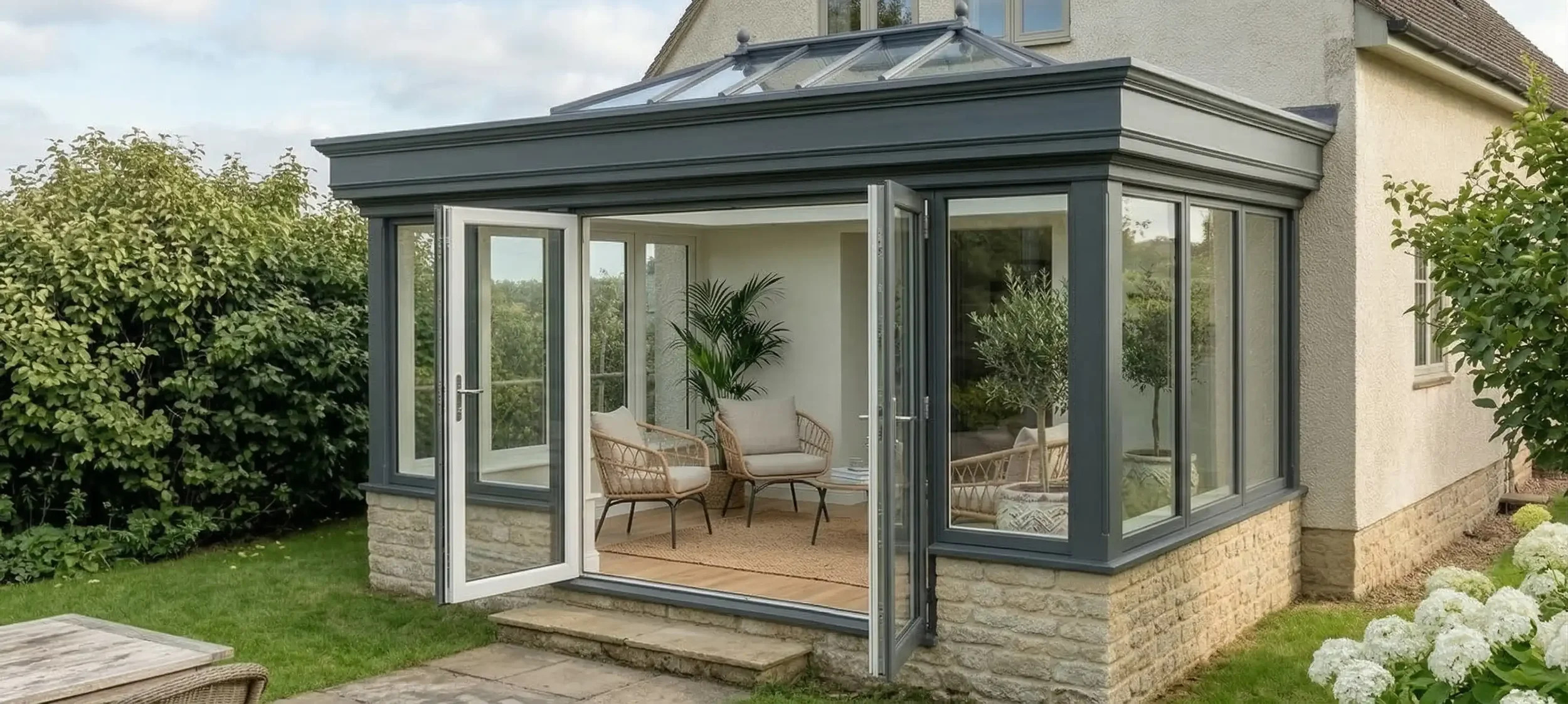 Dark grey and white hardwood orangery with wide French doors, large windows and a glazed roof lantern.