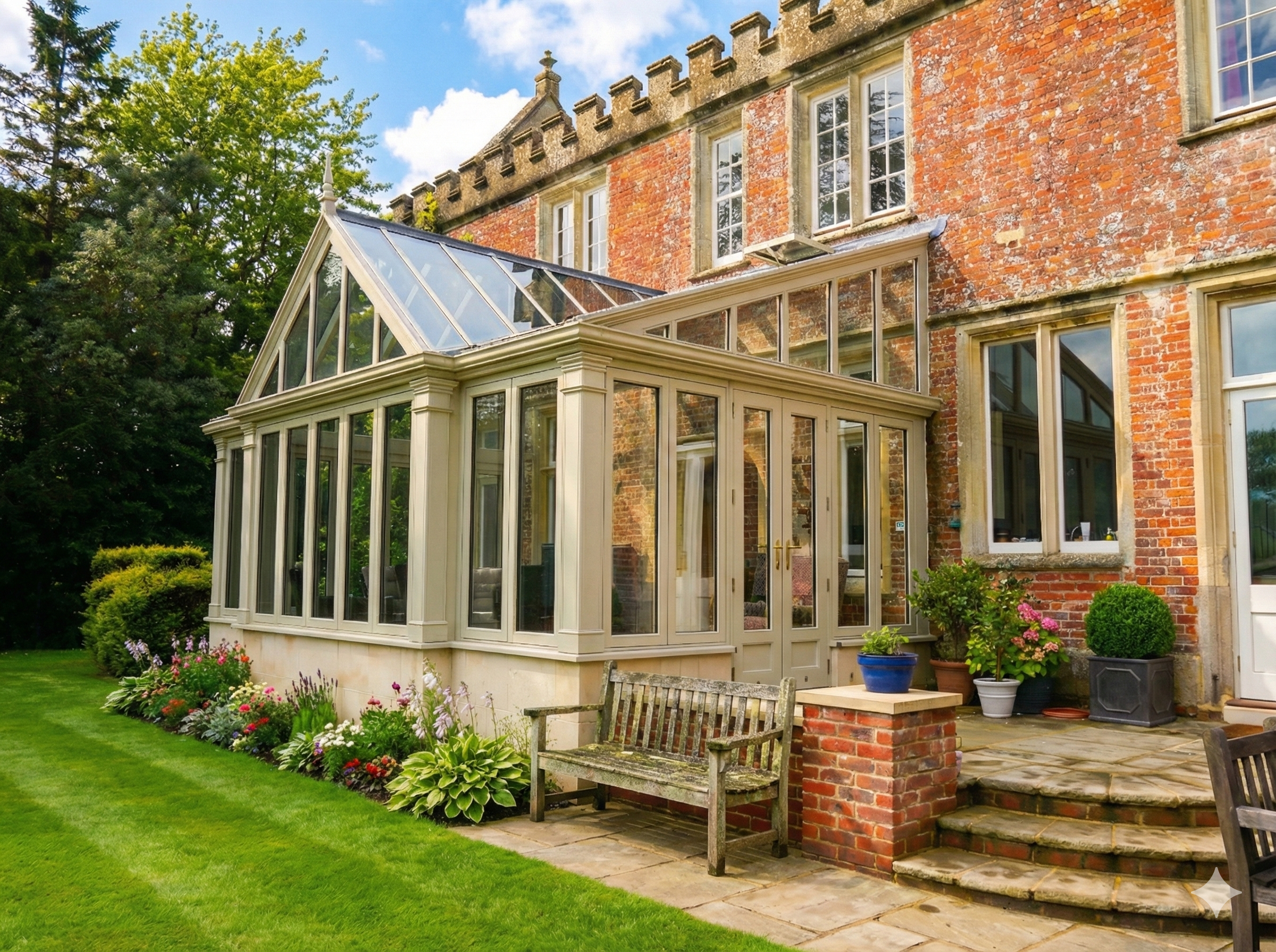 A Victorian-style brick house with a glass enclosed sunroom extension, surrounded by a well-maintained lawn and flower bed.