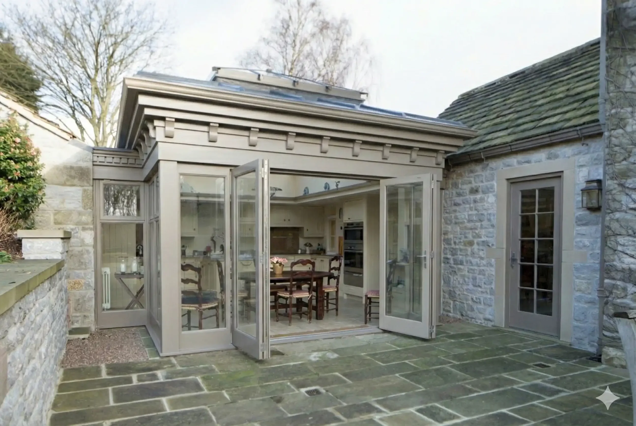 Open-plan kitchen and dining extension beneath a large glazed roof lantern with French doors opening to the garden.