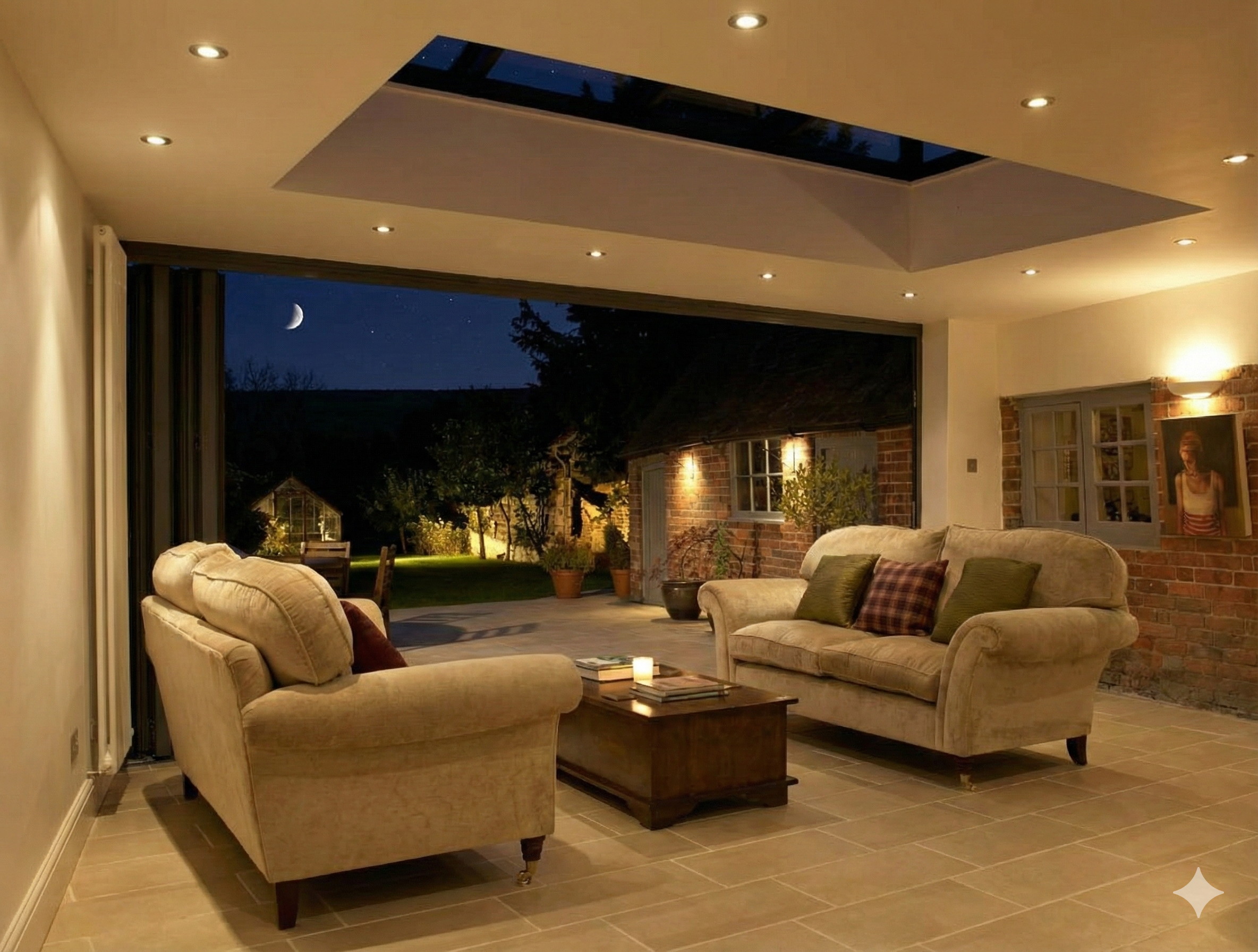 Living room with beige armchairs and sofa, wooden coffee table, candles, outside view of a moonlit garden through large open sliding glass doors, brick wall, framed photo, and potted plants.
