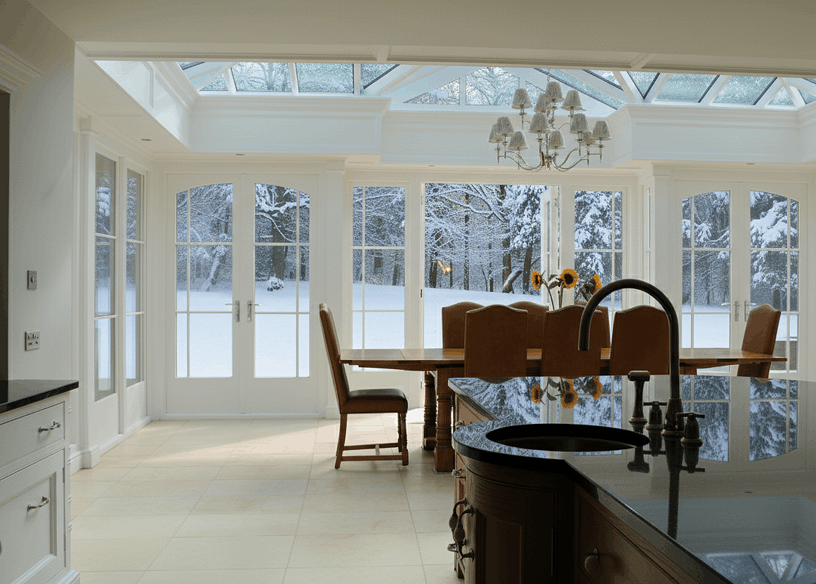 Bright kitchen with large windows overlooking a snowy outdoor scene, featuring a kitchen island with a sink, a dining table with chairs, and a chandelier hanging from a skylight ceiling.