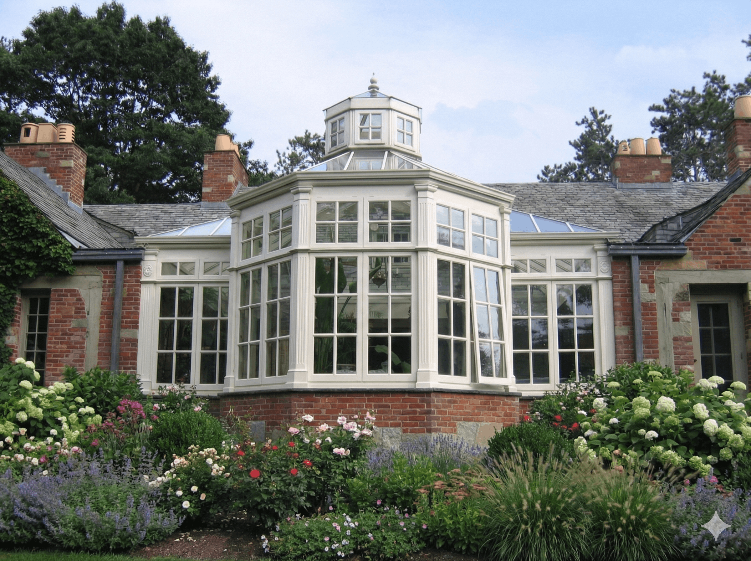 A large house with a prominent white bay window structure and a garden with blooming flowers in front.