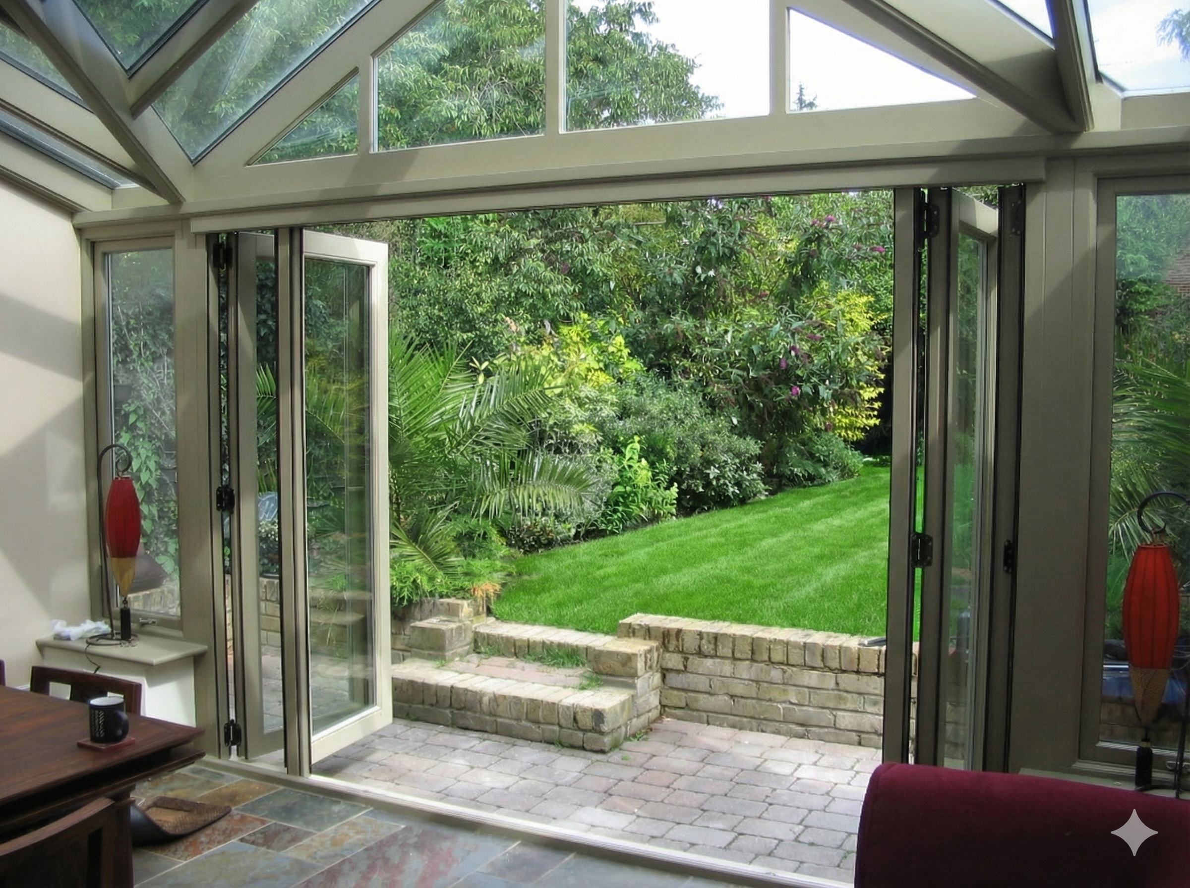 View of a lush green garden with a well-maintained lawn, bushes, and trees seen through open glass doors of a sunroom or conservatory.