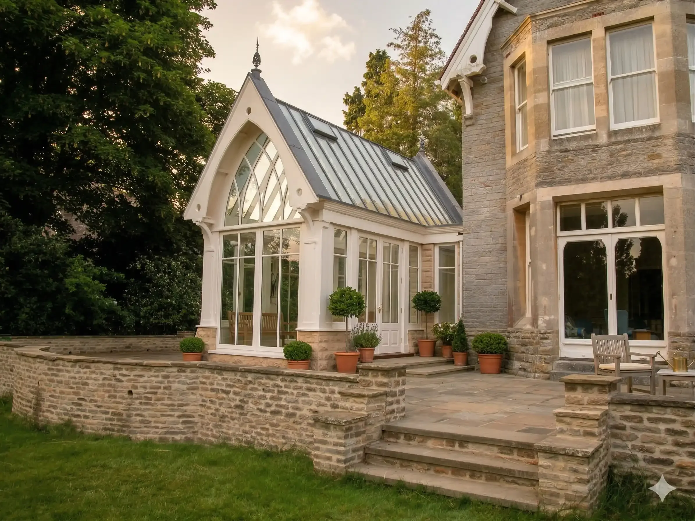 Cream timber Gothic conservatory extension with pointed arches built onto a stone Victorian home in Dorset.