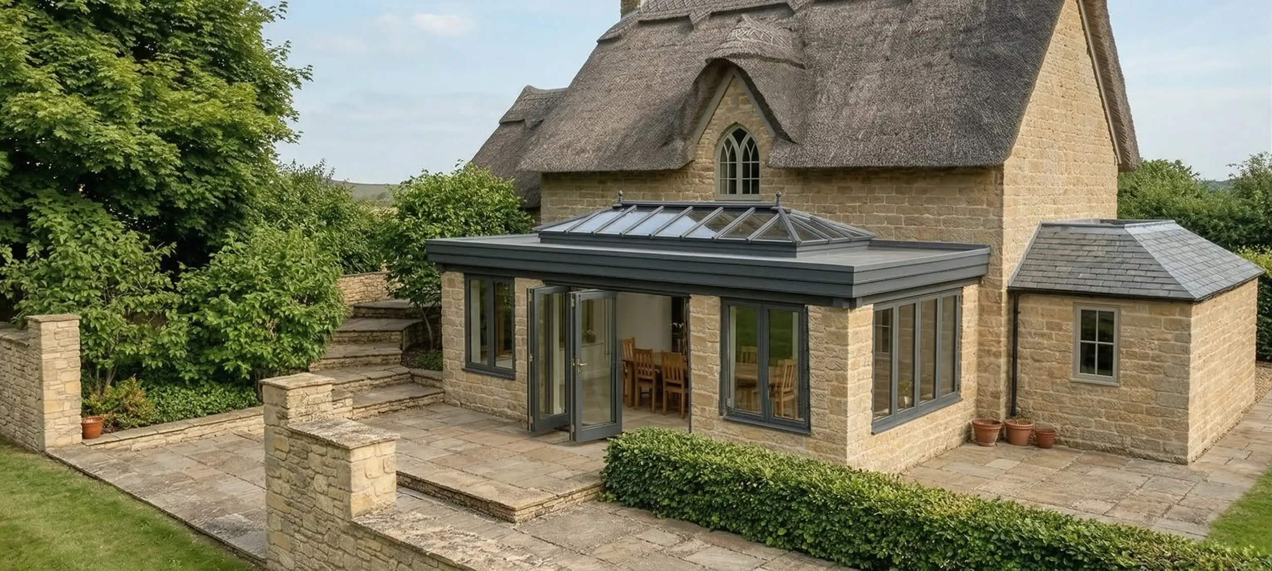 A sophisticated bespoke hardwood orangery extension with substantial columns, folding doors, and a signature central glazed roof lantern in Winchester, Hampshire.