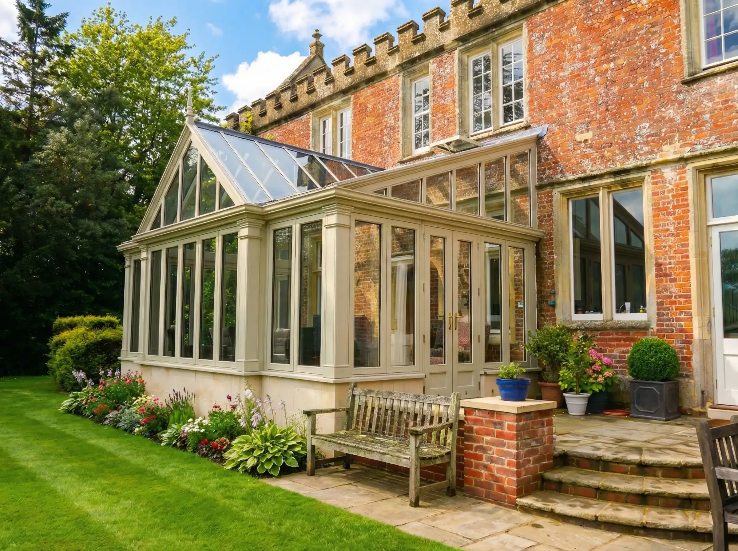 Off-white timber conservatory extension with a pitched glass gable end attached to a Dorset brick period home.