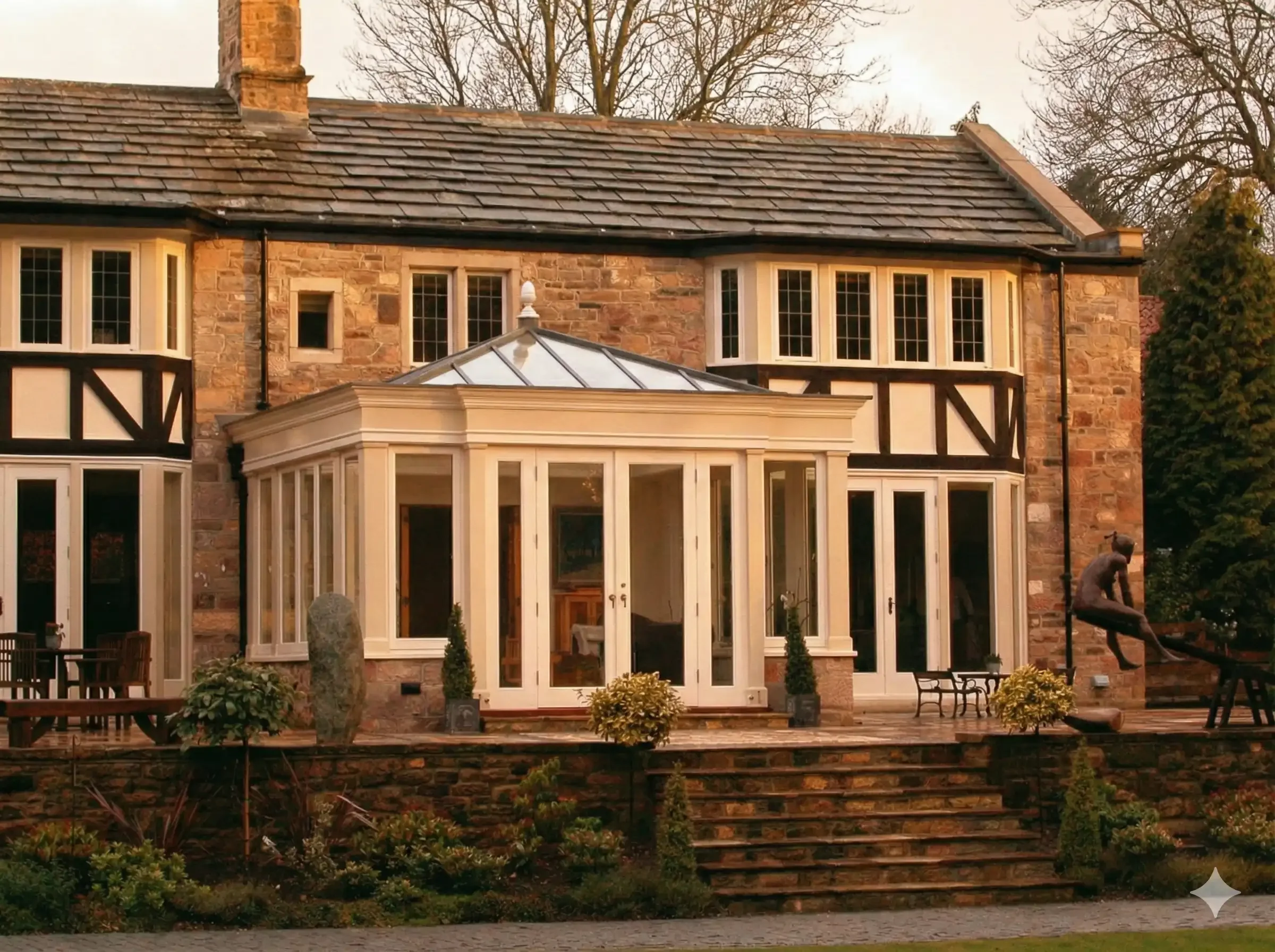 Cream-painted timber orangery with a central roof lantern attached to a stone house with Tudor-style timber detailing