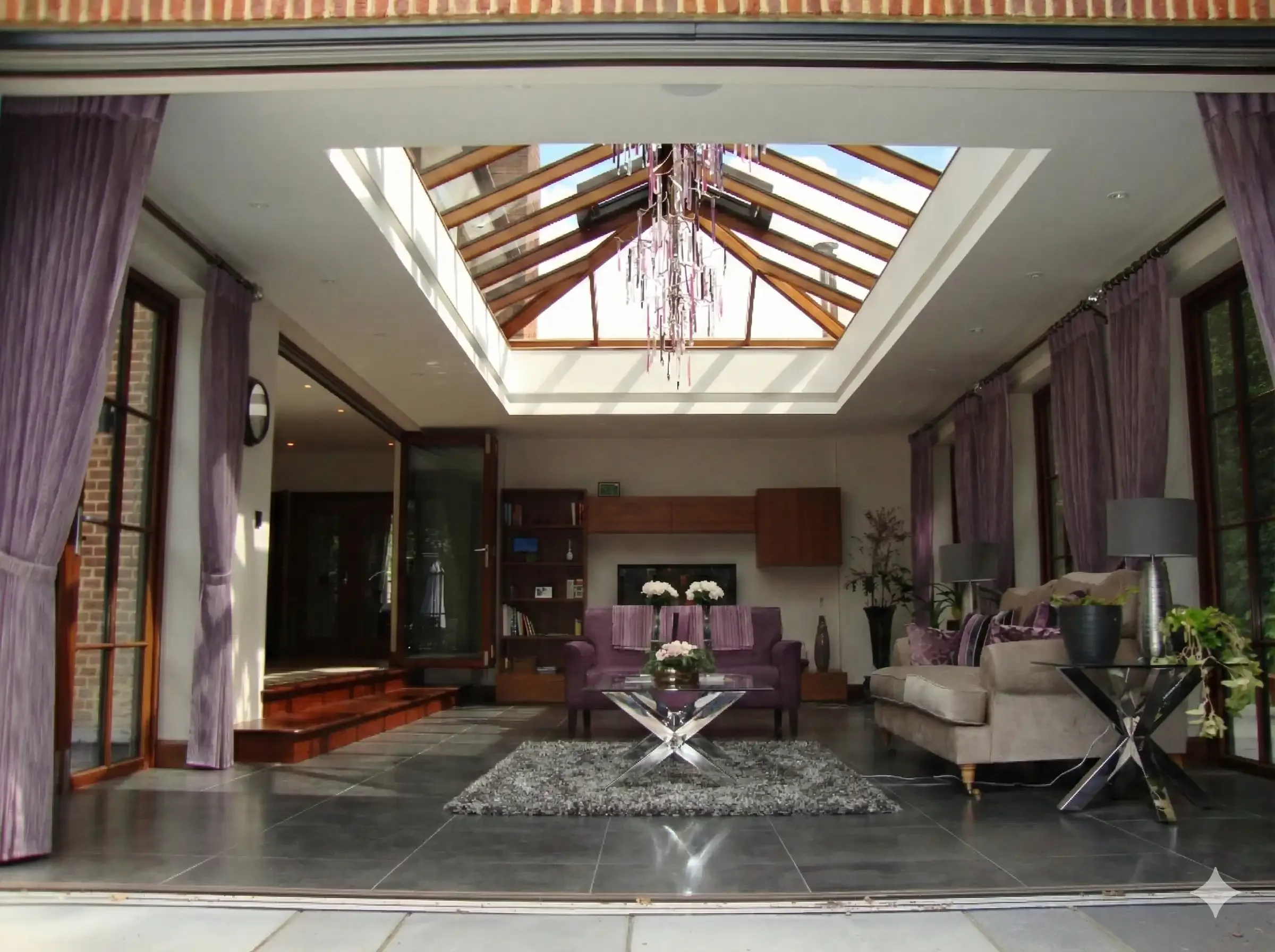 Light-filled living room in a period home with a large pitched timber rooflight and wide openings to the garden.