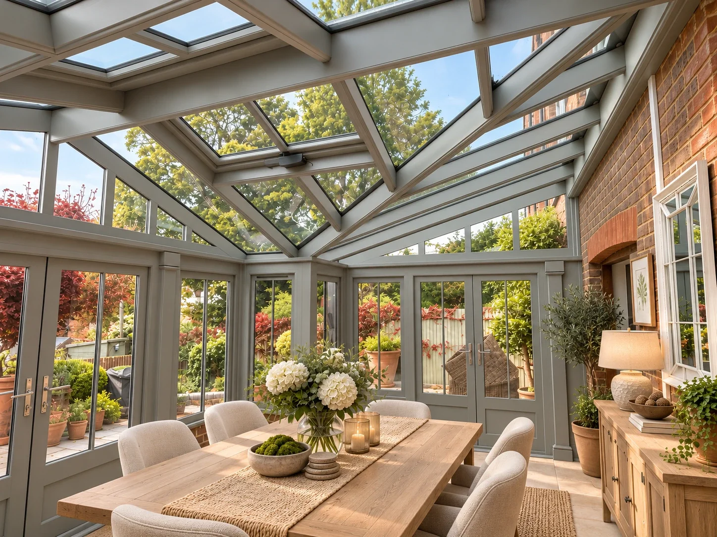 Interior of a Sapele conservatory showing glazed roof structure and dining area