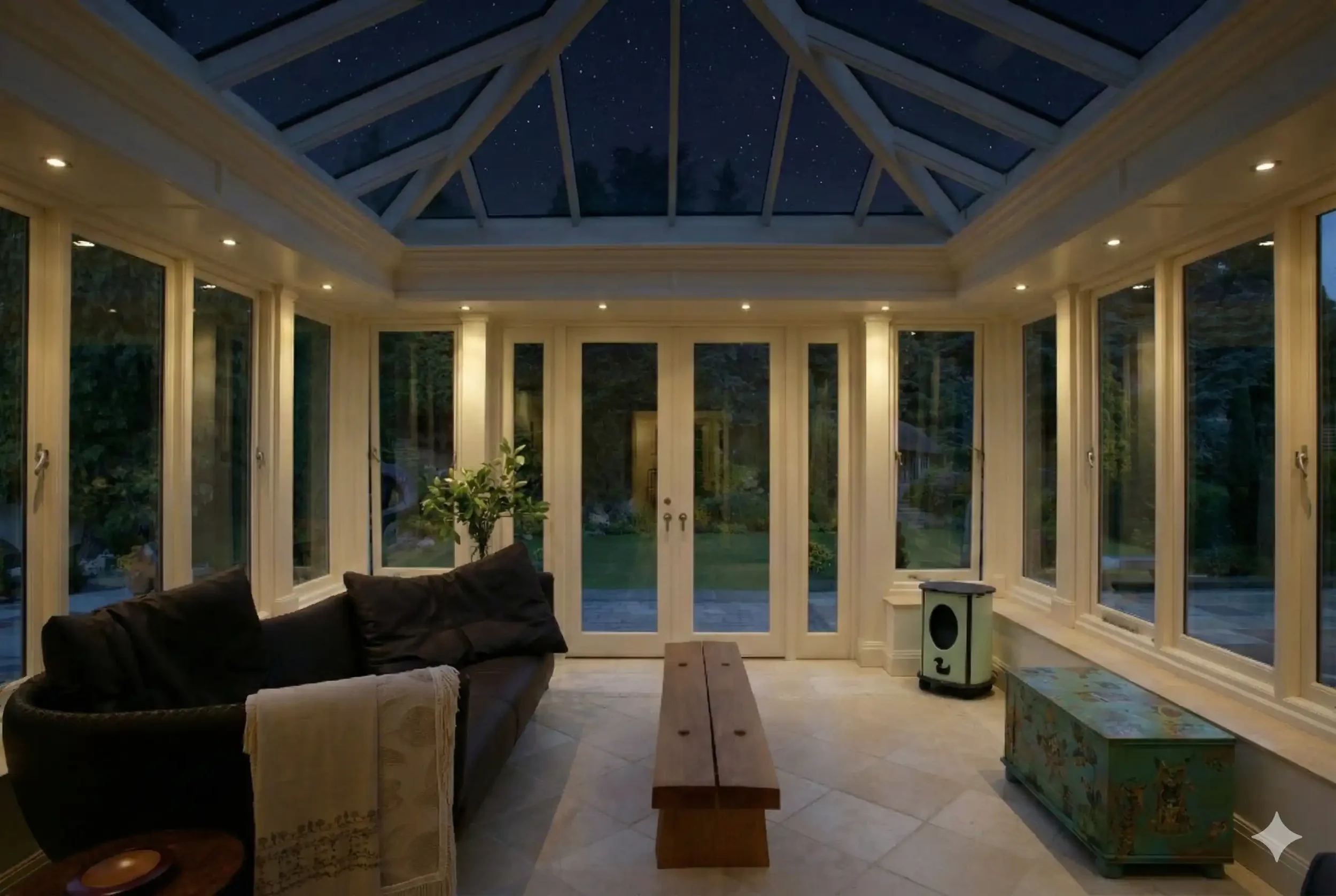 Hardwood orangery interior with full-height windows, French doors and a large glazed roof overlooking the garden at night.