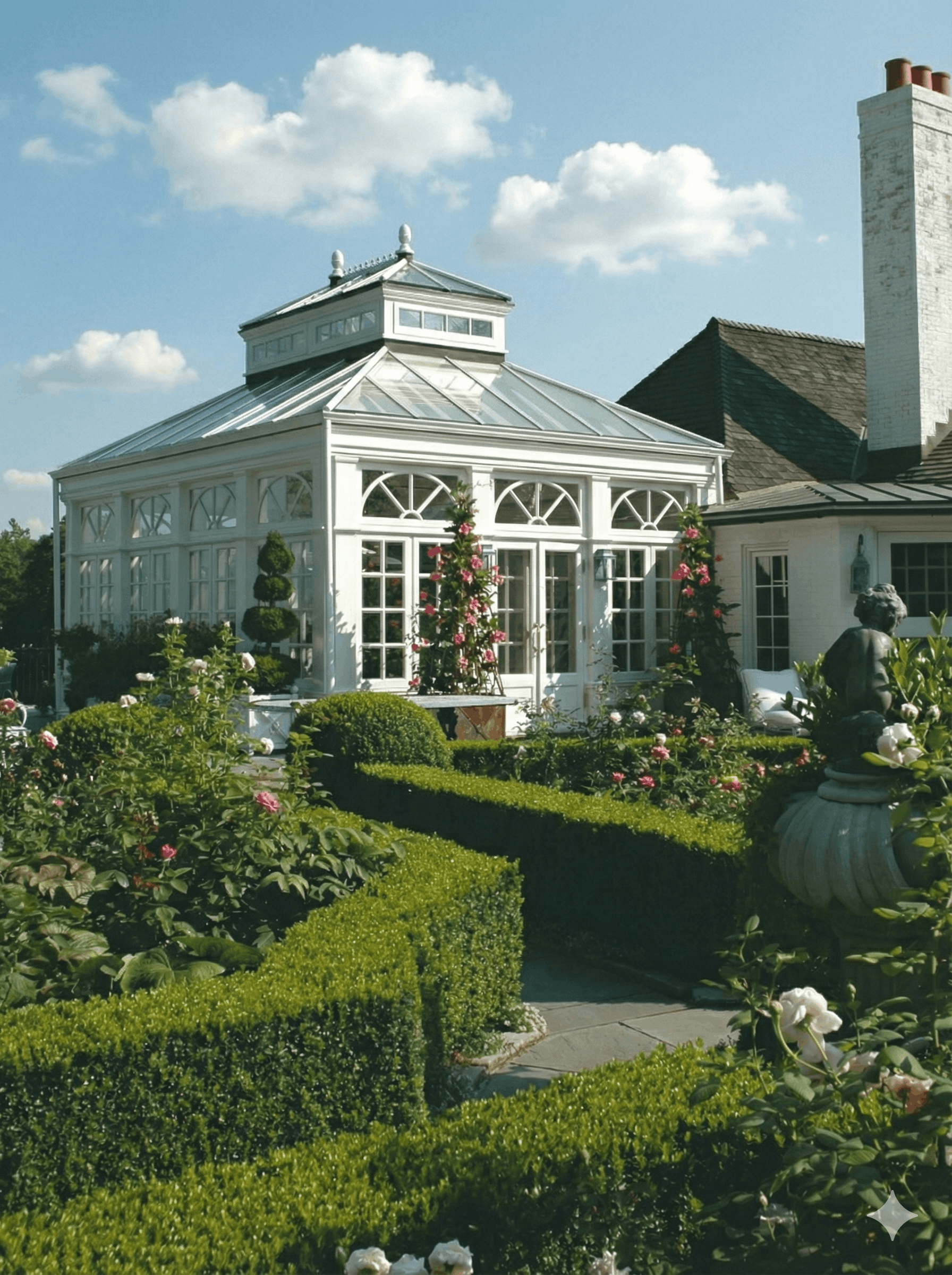 A white Victorian-style greenhouse with large windows and a glass roof, surrounded by a well-manicured garden with hedges, flowers, and statues, under a partly cloudy sky.