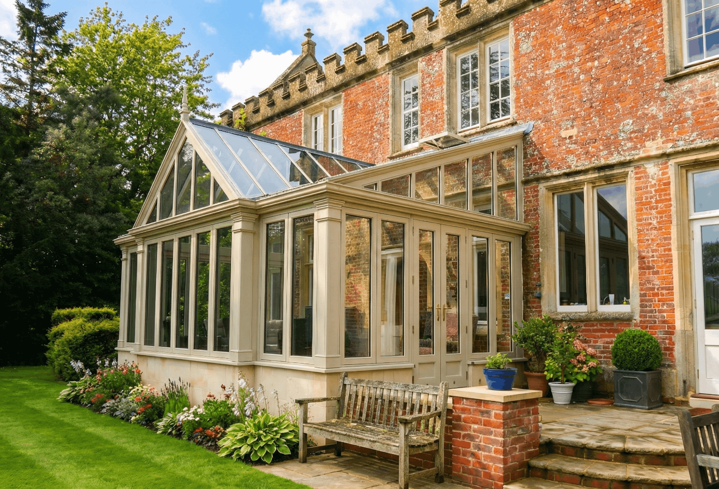 Classical white hardwood glazed extension with decorative fanlight glazing and a raised glazed roof lantern overlooking a formal garden.