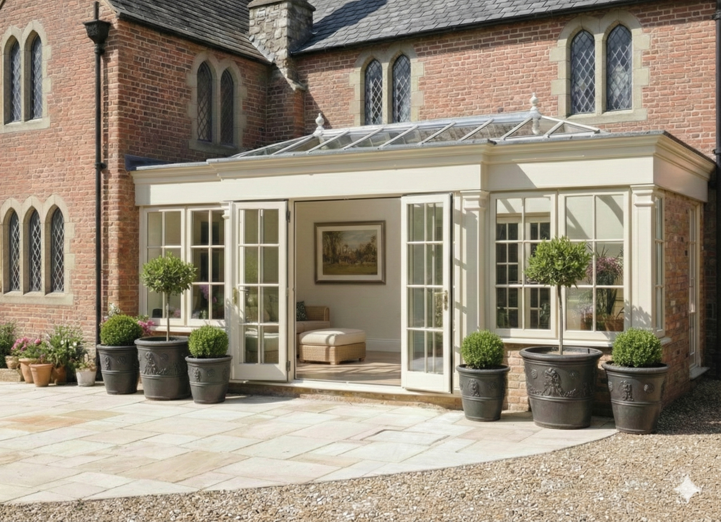 A sunroom with double glass doors opening to a patio, potted plants, and a framed painting inside, attached to a red brick house with arched windows.
