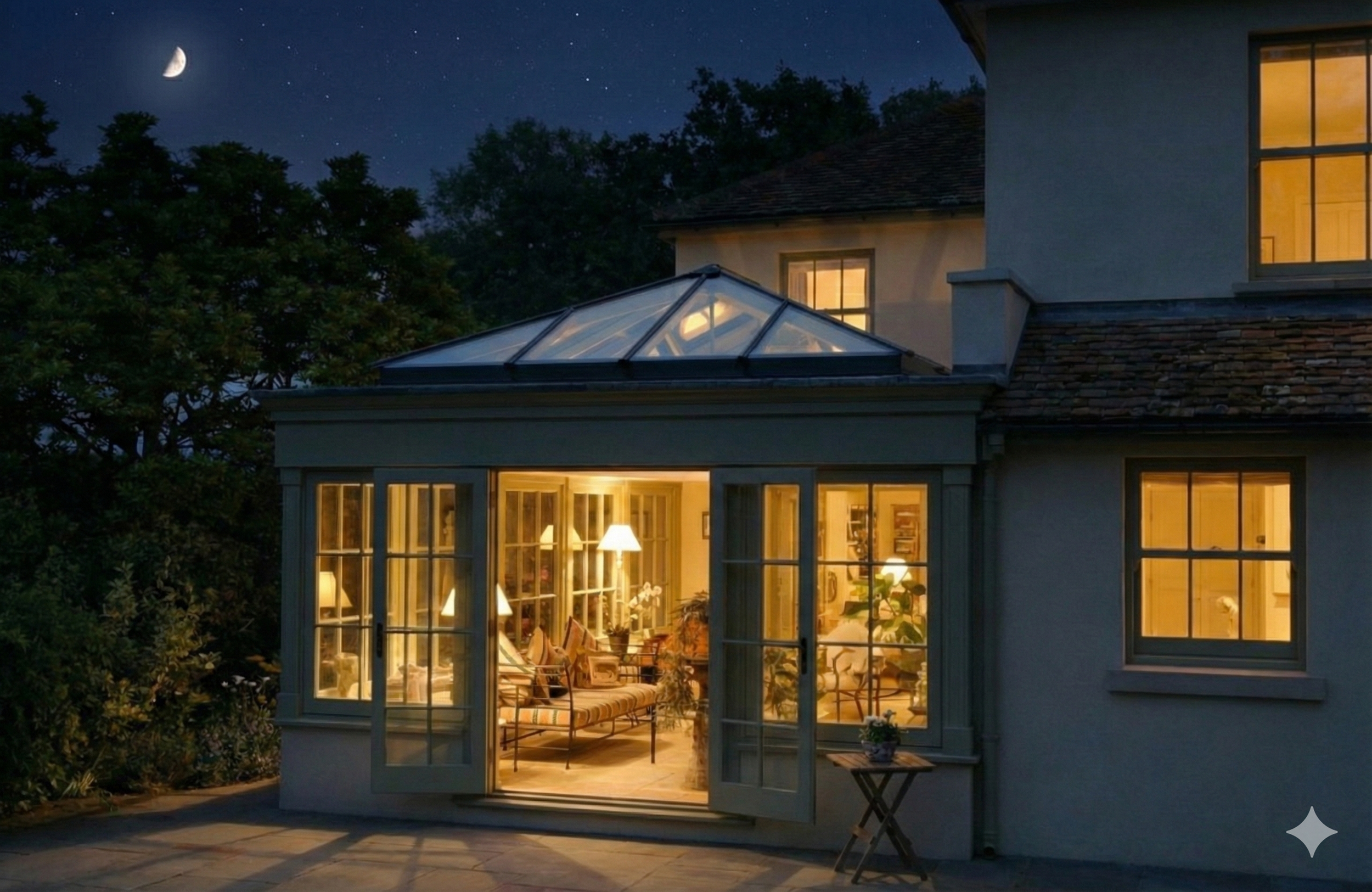 A cozy house with large glass doors and windows illuminated from the inside during night time, with a dark blue sky, crescent moon, and trees outside.