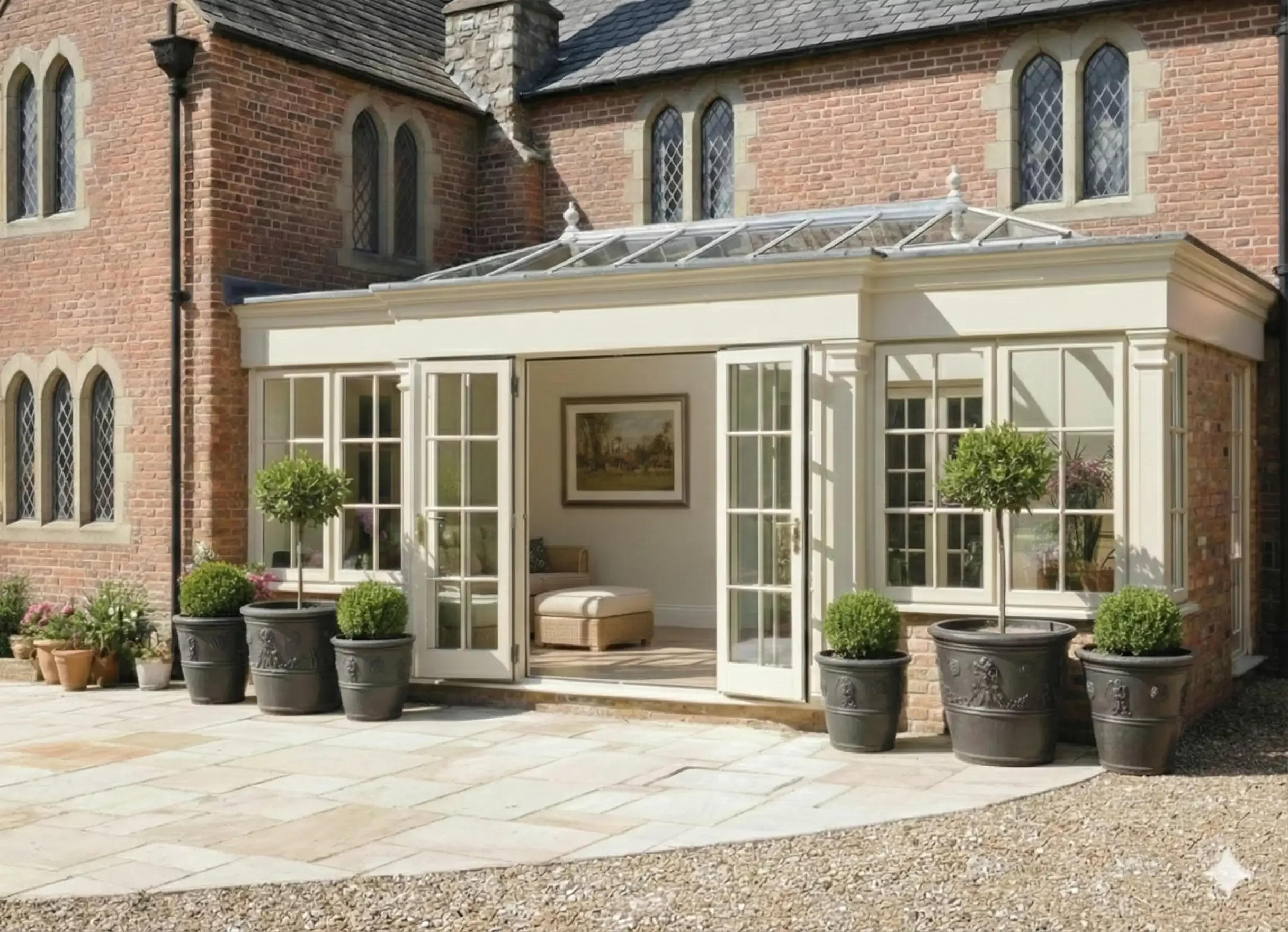 Cream-painted hardwood orangery with roof lantern beside a period brick house with pointed arched windows.