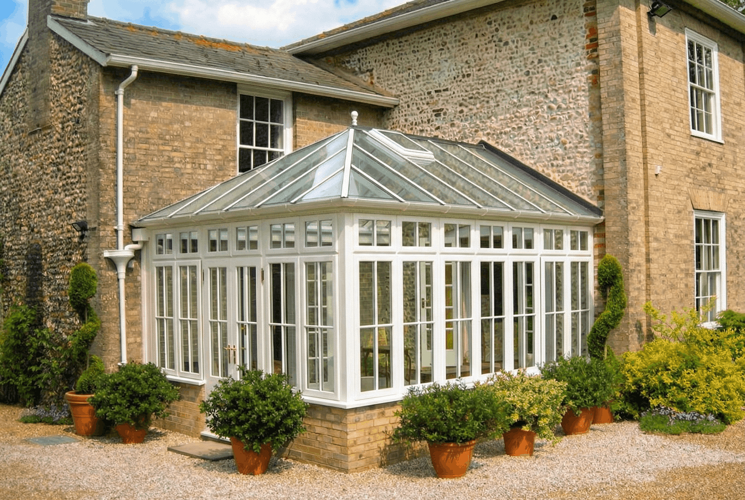 White-painted hardwood conservatory with a glazed hipped roof attached to a period flint and brick house.