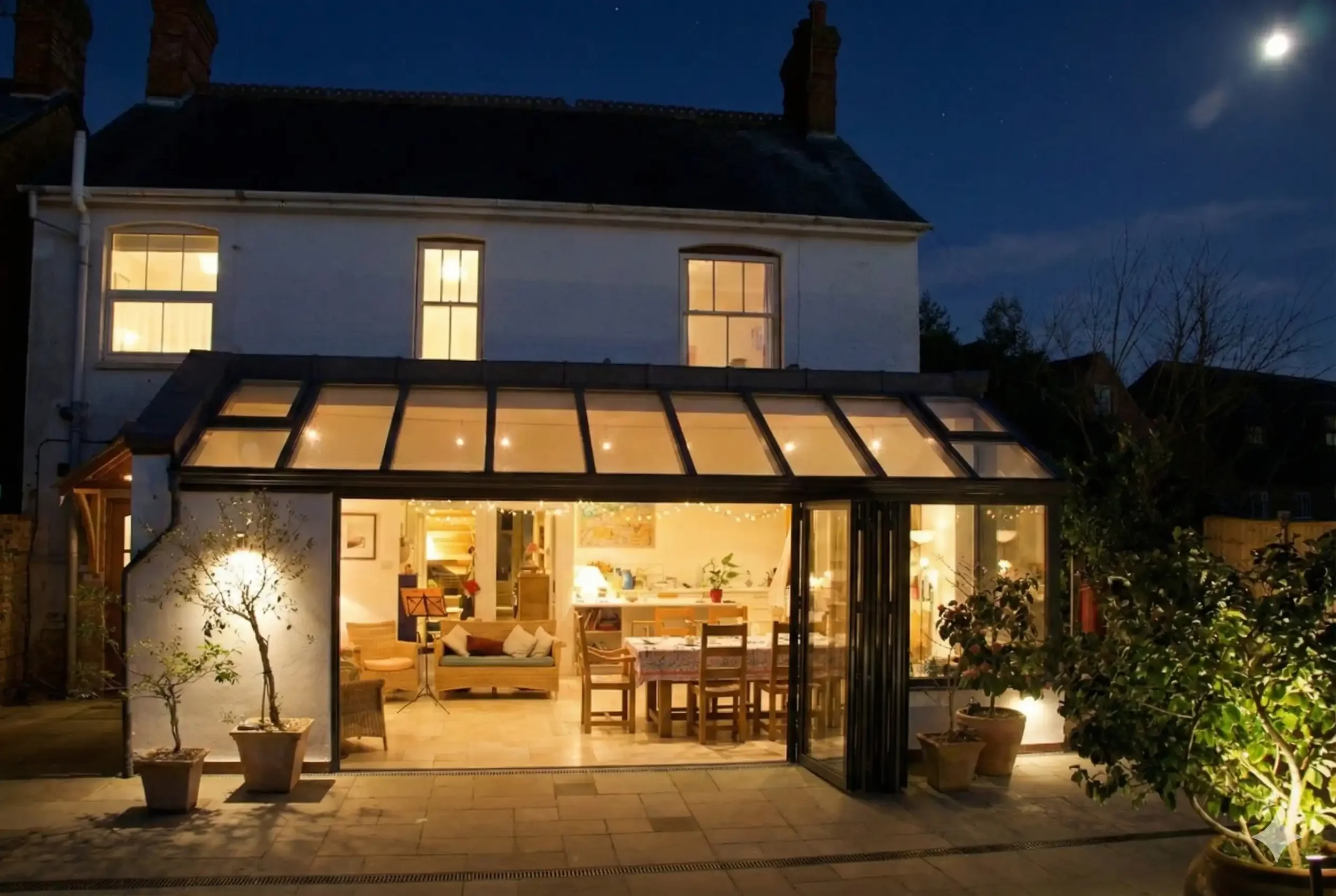 Glass roof extension with open bi-fold doors looking into an illuminated dining room at night on a Dorset residence.