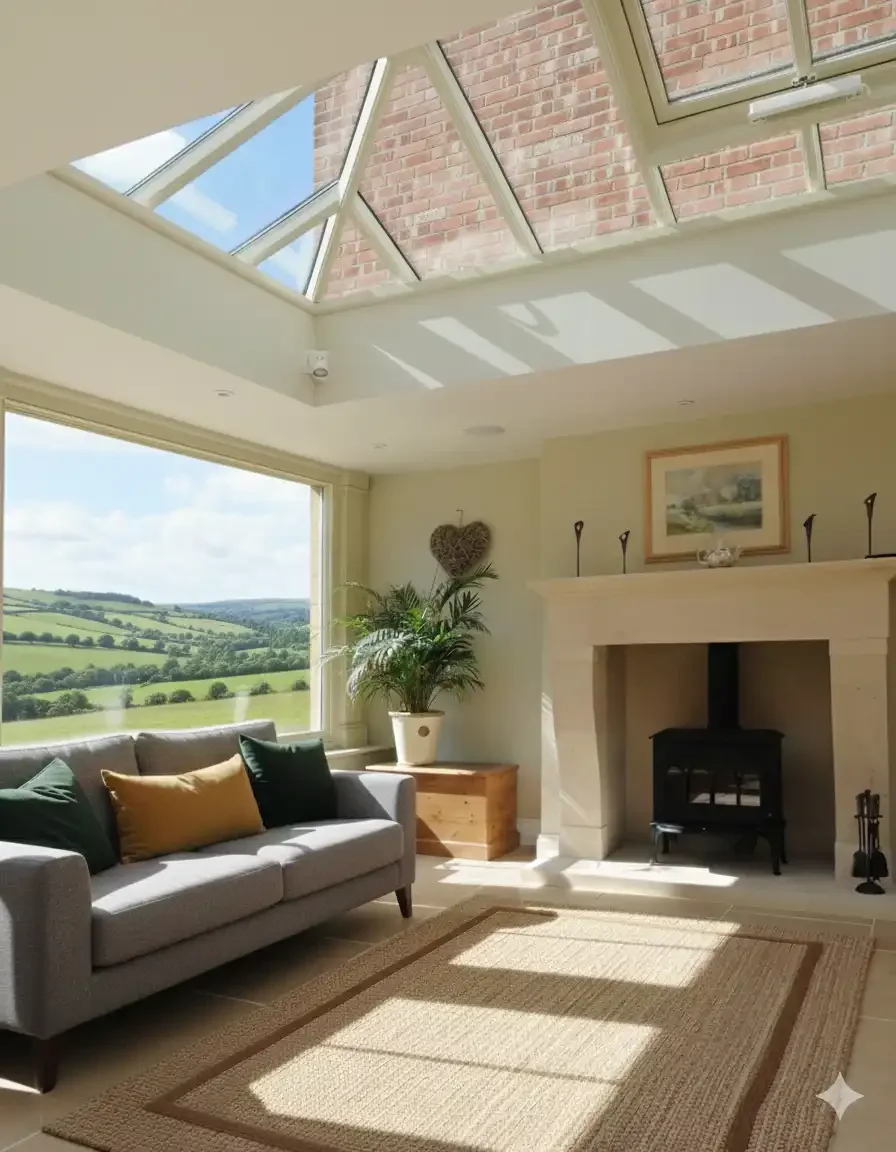 Period-home living space with overhead glazing, large picture window, fireplace and views across open countryside.