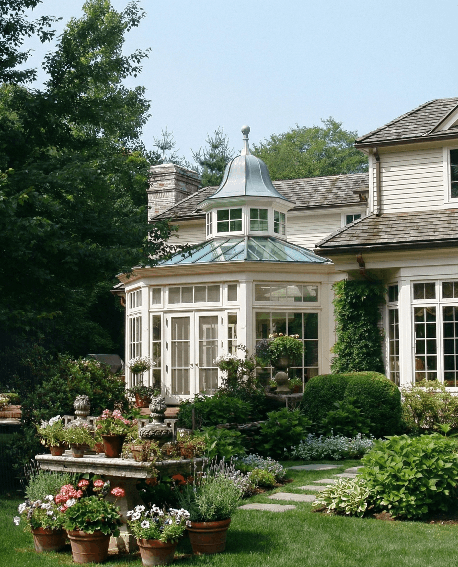 A white house with a glass conservatory and a turret, surrounded by a lush garden with potted plants and flowers.