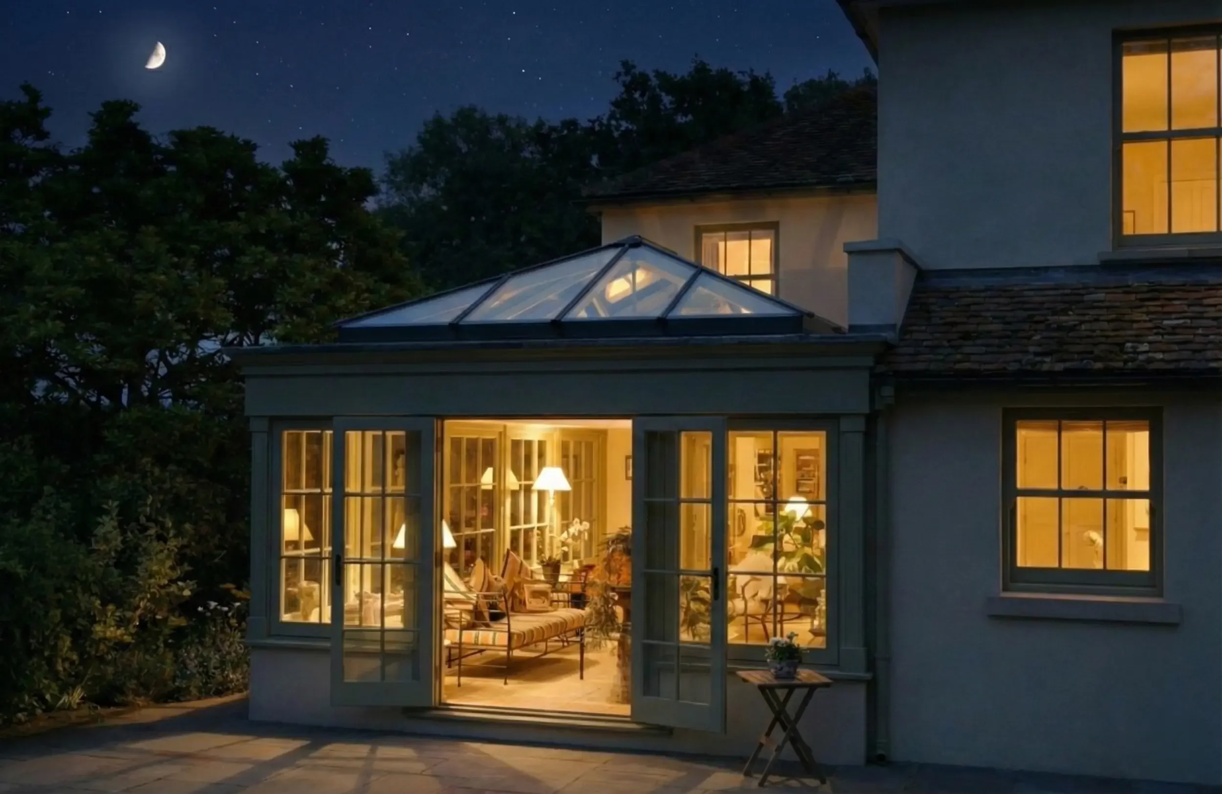 Timber orangery with glazed roof lantern illuminated at night