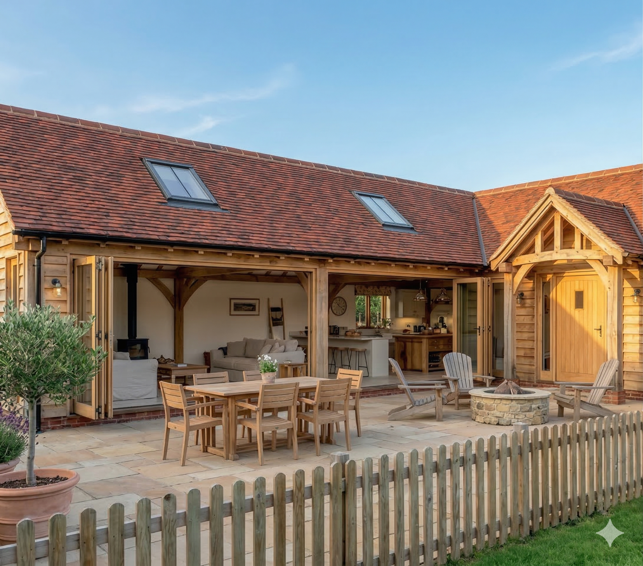 Oak-frame kitchen and living extension with exposed timber beams and wide doors opening onto a terrace