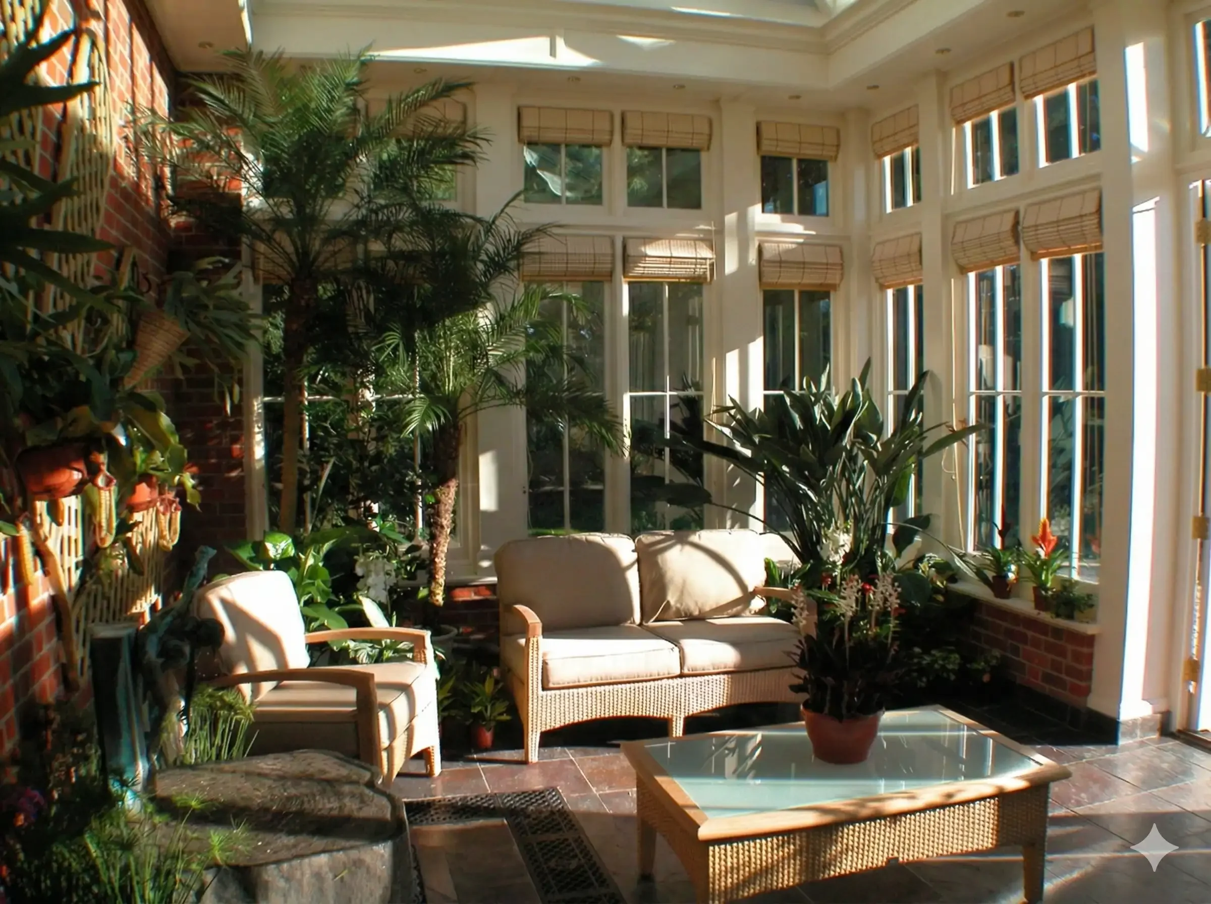 Sunlit hardwood conservatory with tall timber windows, brickwork, seating and mature indoor planting.