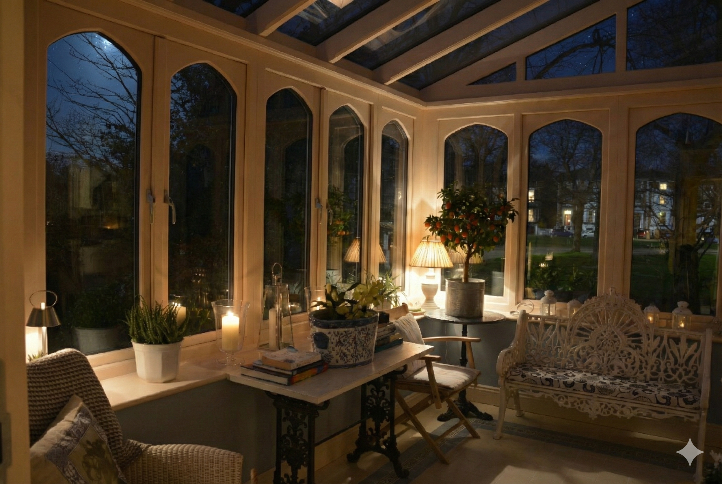 Interior view of a cozy sunroom or porch with large arched windows, illuminated by table lamps and candles, featuring plants, a loveseat, a table with books, and a chair.