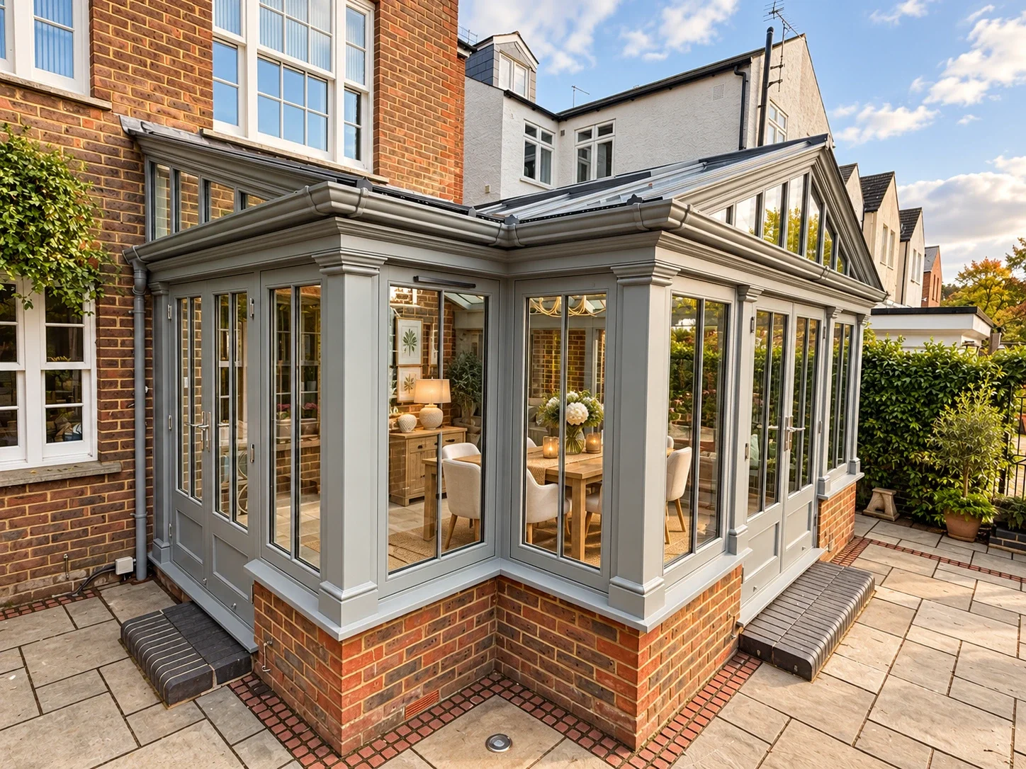 New slate grey Sapele conservatory replacing an older timber conservatory
