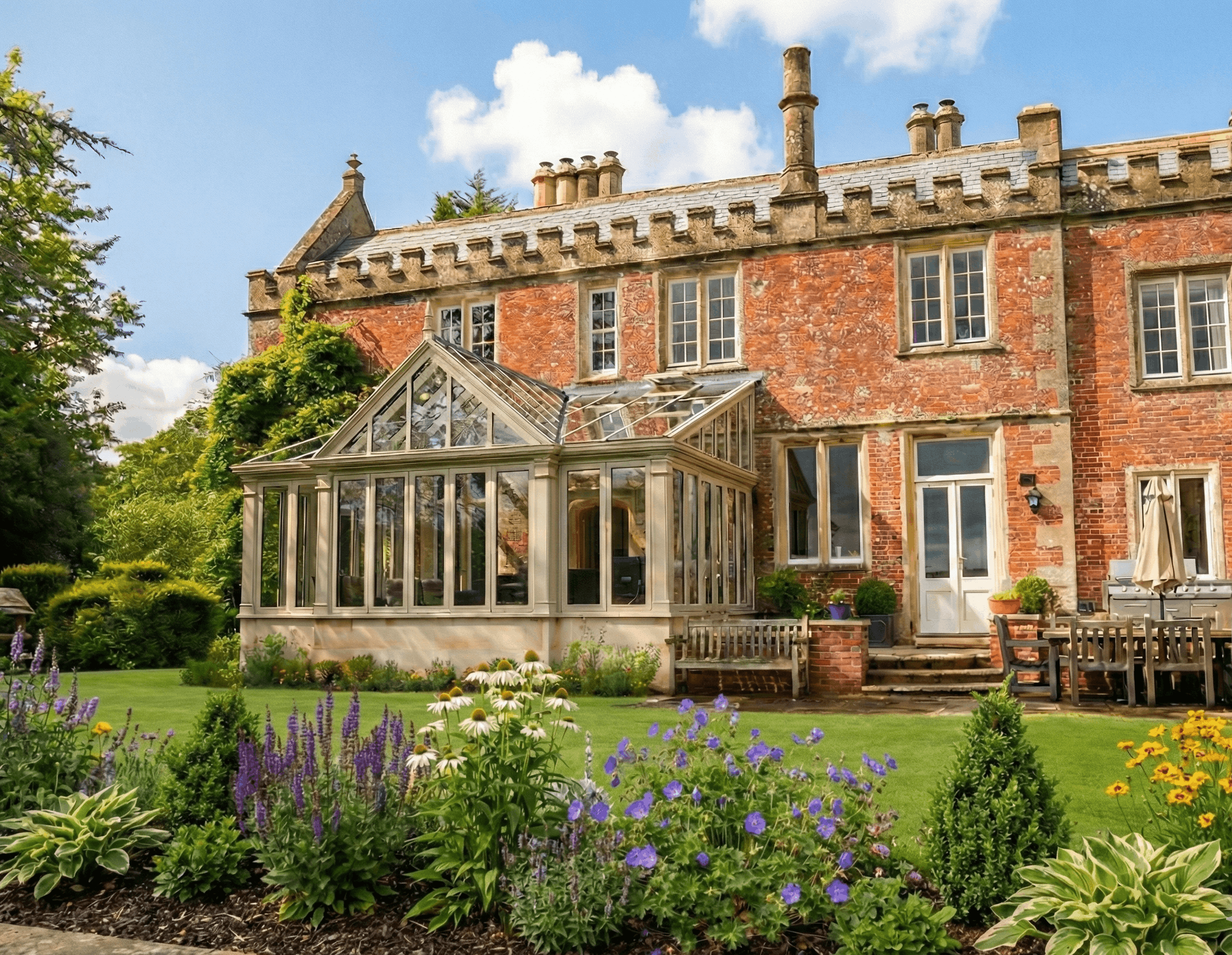 A red brick house with multiple windows and a glass conservatory in the backyard. The yard has a well-maintained lawn and colorful flowering plants.