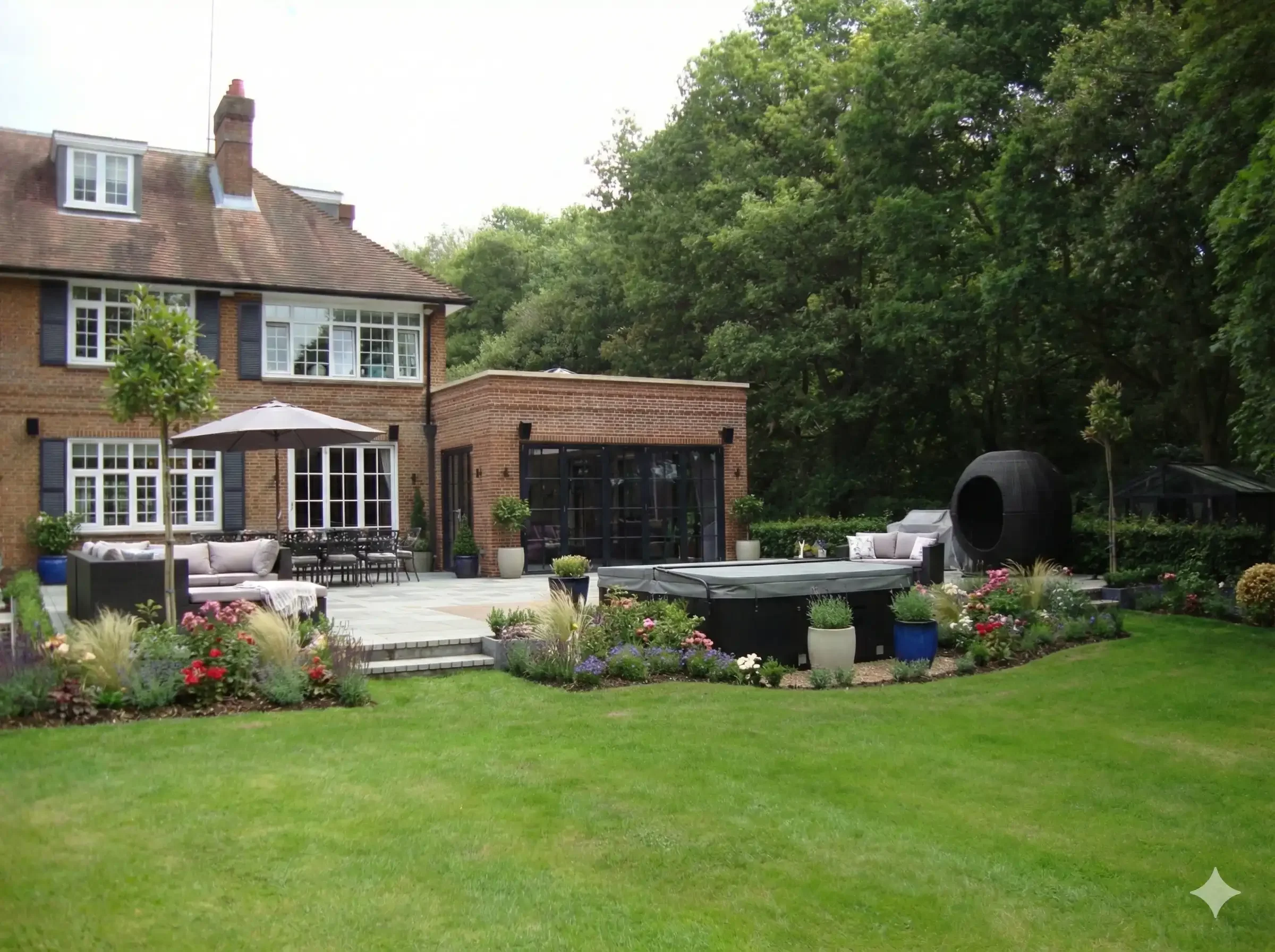 Contemporary brick and glass extension with wide glazed doors added to a traditional brick house and opening onto a landscaped terrace.
