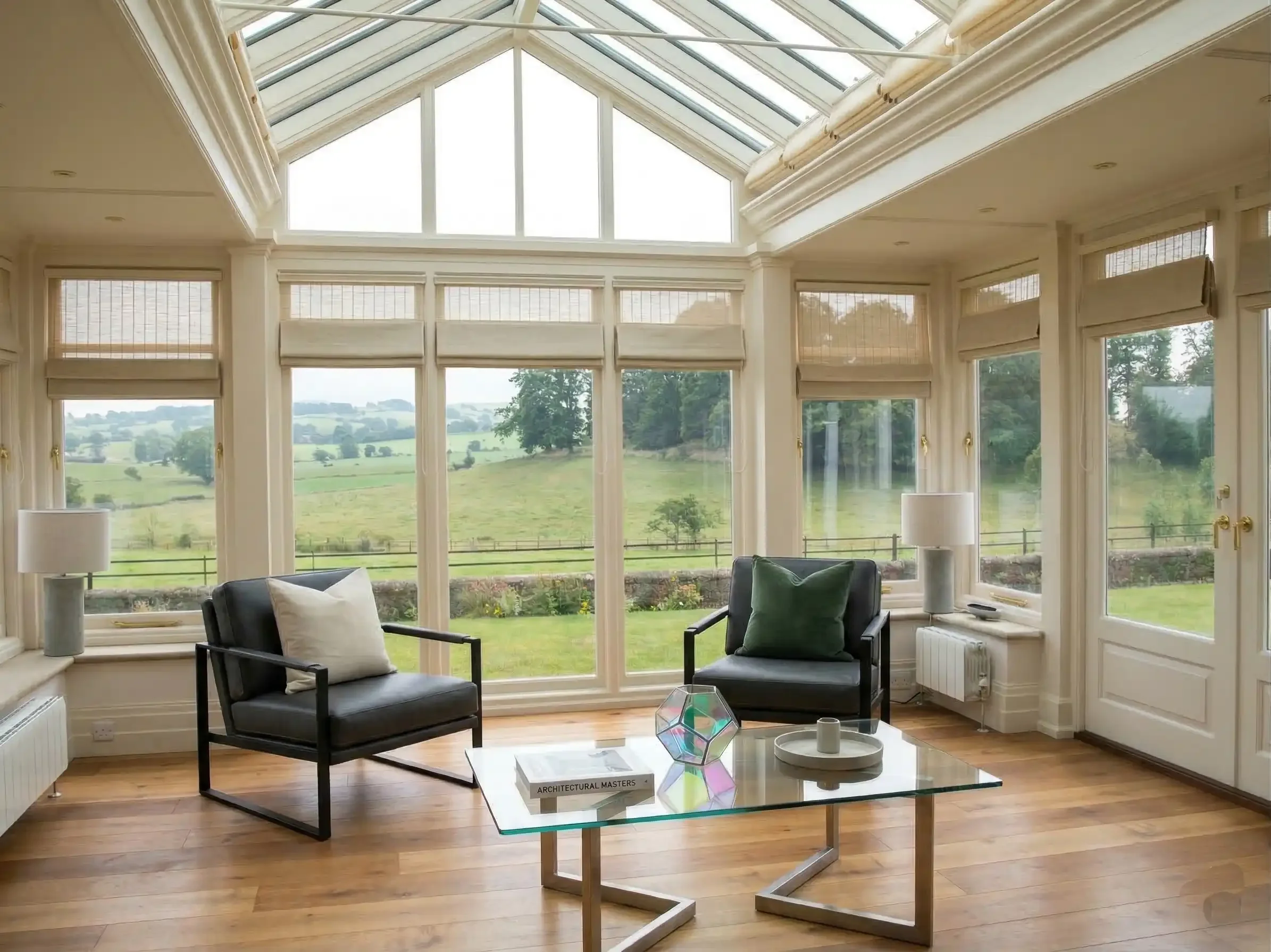 Interior of a timber garden room lounge with oak floors and armchairs looking out at green hills.