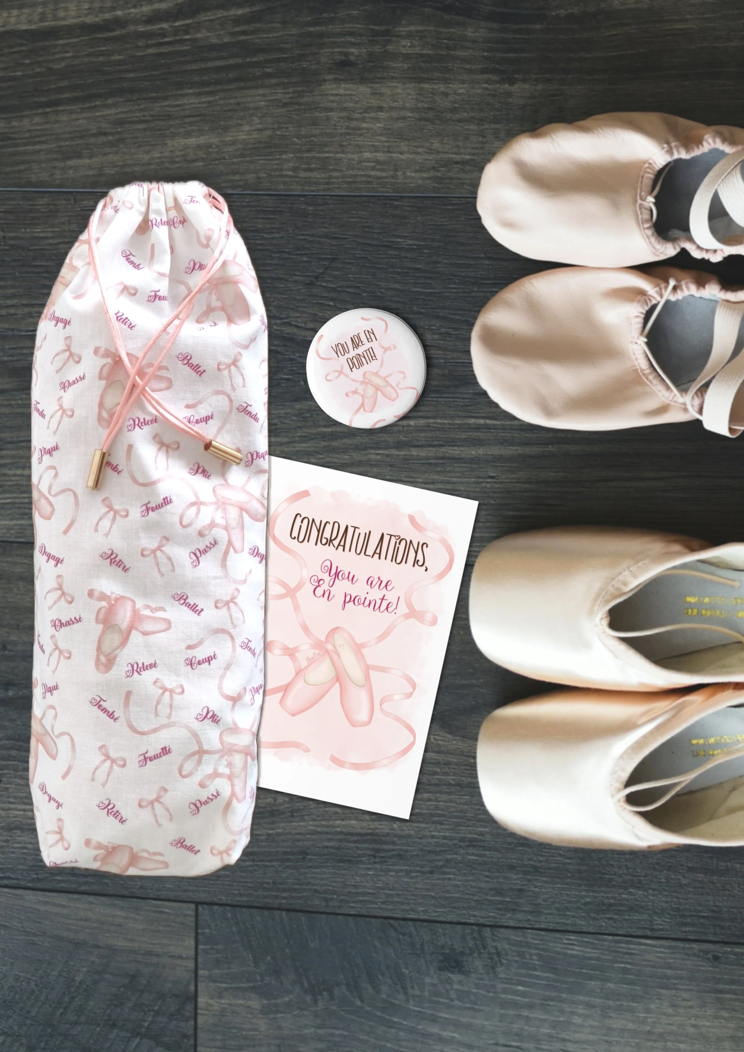 My First Pointe Shoes Set - Greeting Card + Pin + Pointe Shoe Bag
