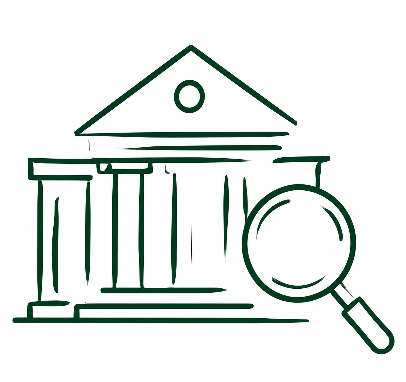 Outline drawing of a courthouse with a magnifying glass in front.  Ivy League educator, University of Pennsylvania, Psychology Department, Positive Psychology. The Education Workspace. Higher Education