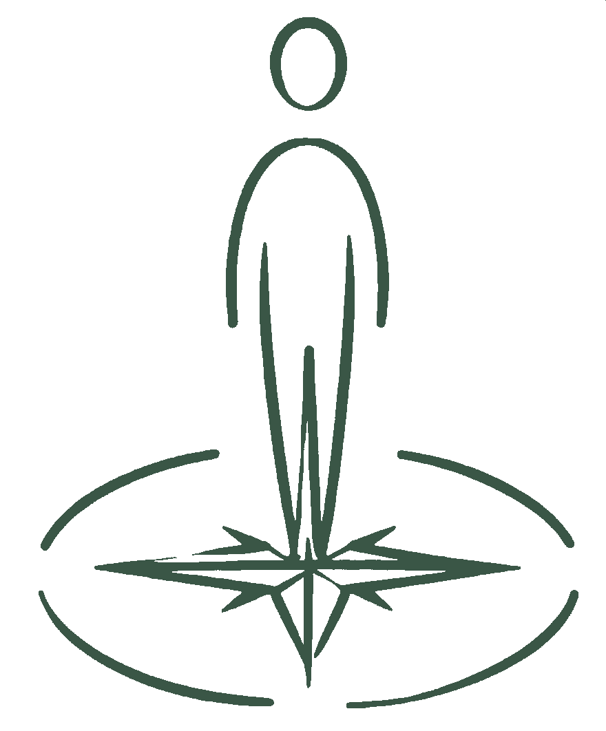 A simple line drawing of a person standing on a compass rose. Ivy League educator, University of Pennsylvania, Psychology Department, Positive Psychology. The Education Workspace. Higher Education.
