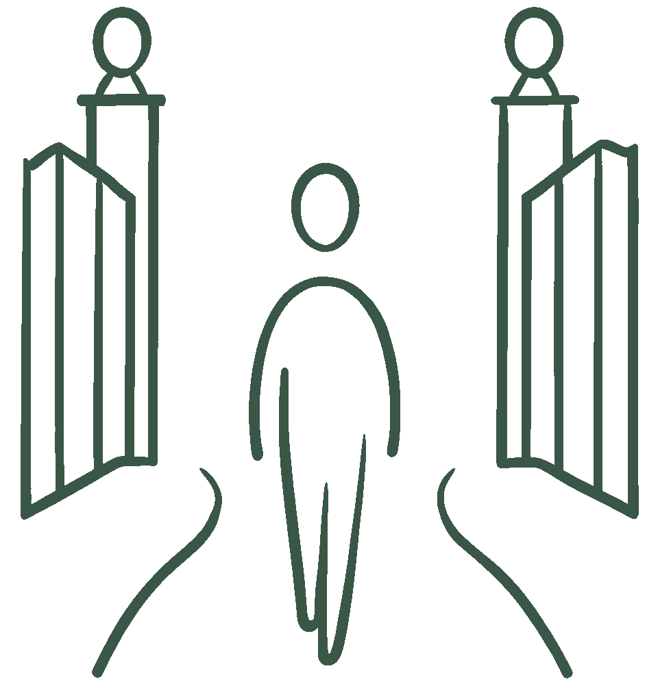 Simple line drawing of a person walking towards open gates or doors. Ivy League educator, University of Pennsylvania, Psychology Department, Positive Psychology. The Education Workspace. Higher Education.