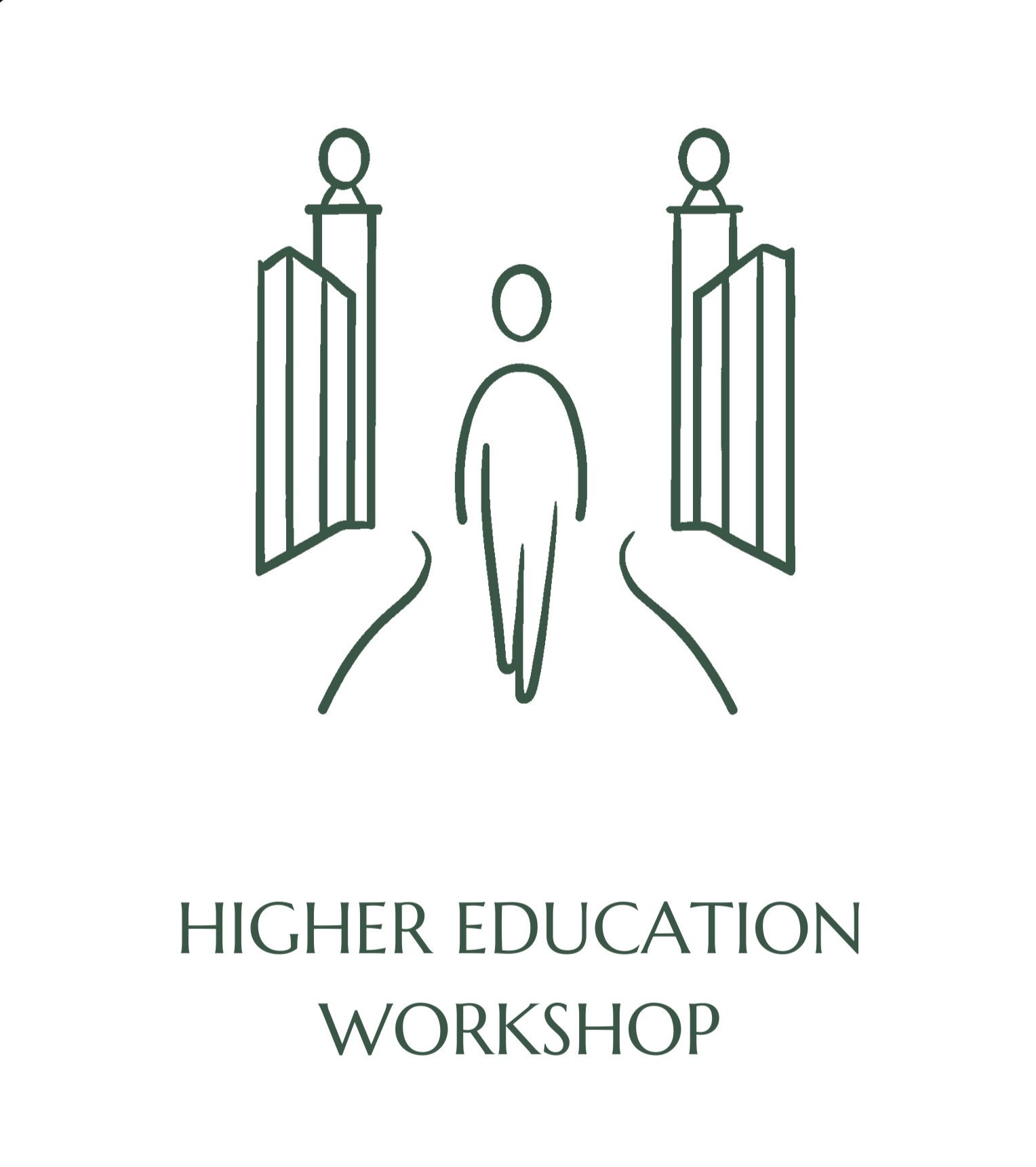 Line drawing of a person walking through open bookshelves with the words 'Higher Education Workshop' below. Ivy League educator, University of Pennsylvania, Psychology Department, Positive Psychology. The Education Workspace. Higher Education.