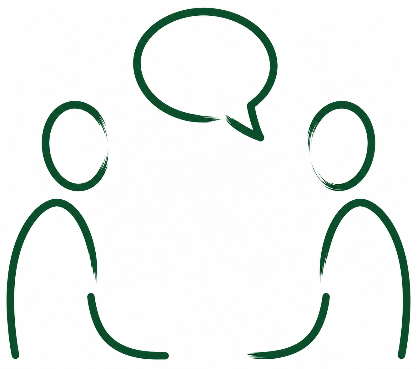 Outline drawing of two people facing each other with a speech bubble above them, suggesting a conversation or discussion. Ivy League educator, University of Pennsylvania, Psychology Department, Positive Psychology. The Education Workspace. Higher Edu