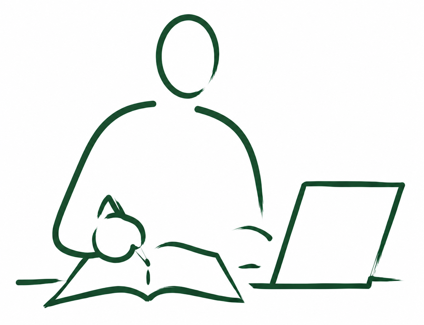 Line drawing of a person studying with a book, a laptop, and a pen in hand. Ivy League educator, University of Pennsylvania, Psychology Department, Positive Psychology. The Education Workspace. Higher Education.