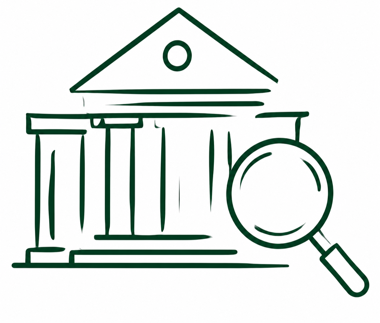 Educational consulting. Line drawing of a small house with a triangular roof, a circular window, a porch with columns, and a magnifying glass in front.