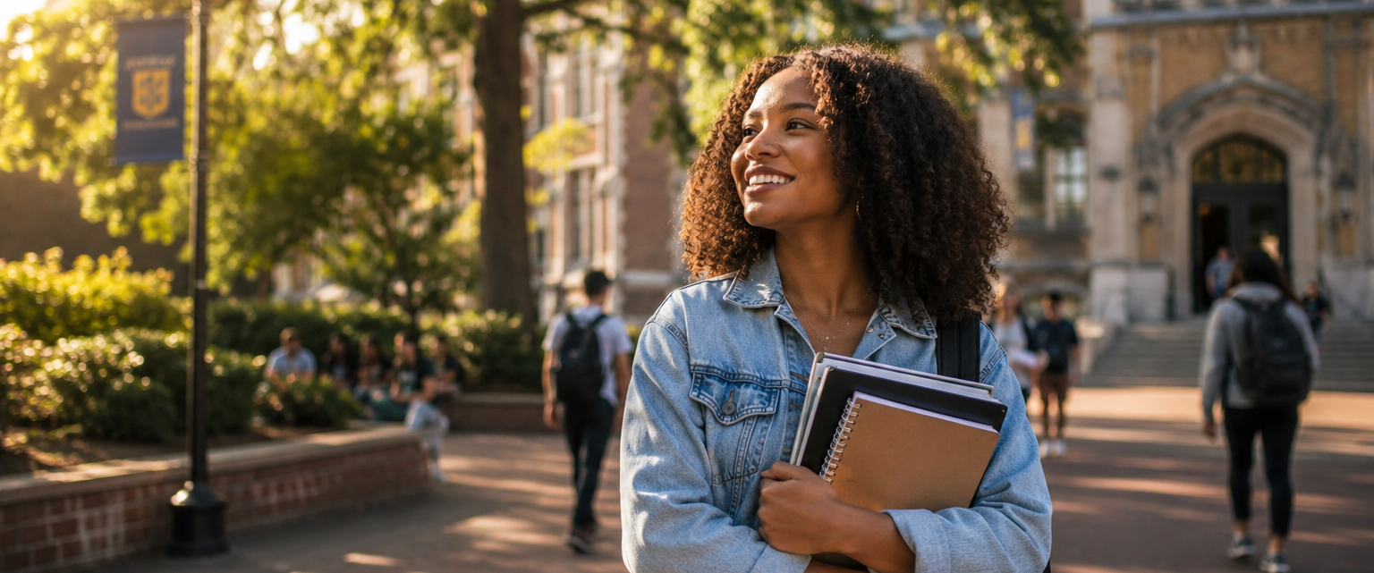 Smiling young woman student with curly hair carries notebooks on a college campus during late afternoon. Ivy League educator, University of Pennsylvania, Psychology Department, Positive Psychology. The Education Workspace. Higher Education.