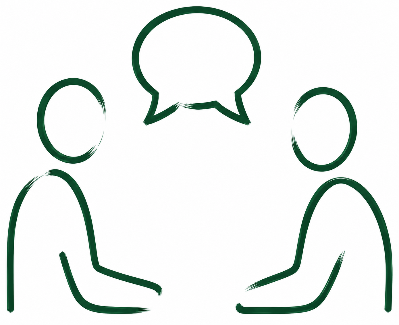 Mentoring students for higher education. Two simplified human figures facing each other with a speech bubble above. The figures are outlined in dark green and are missing facial details.